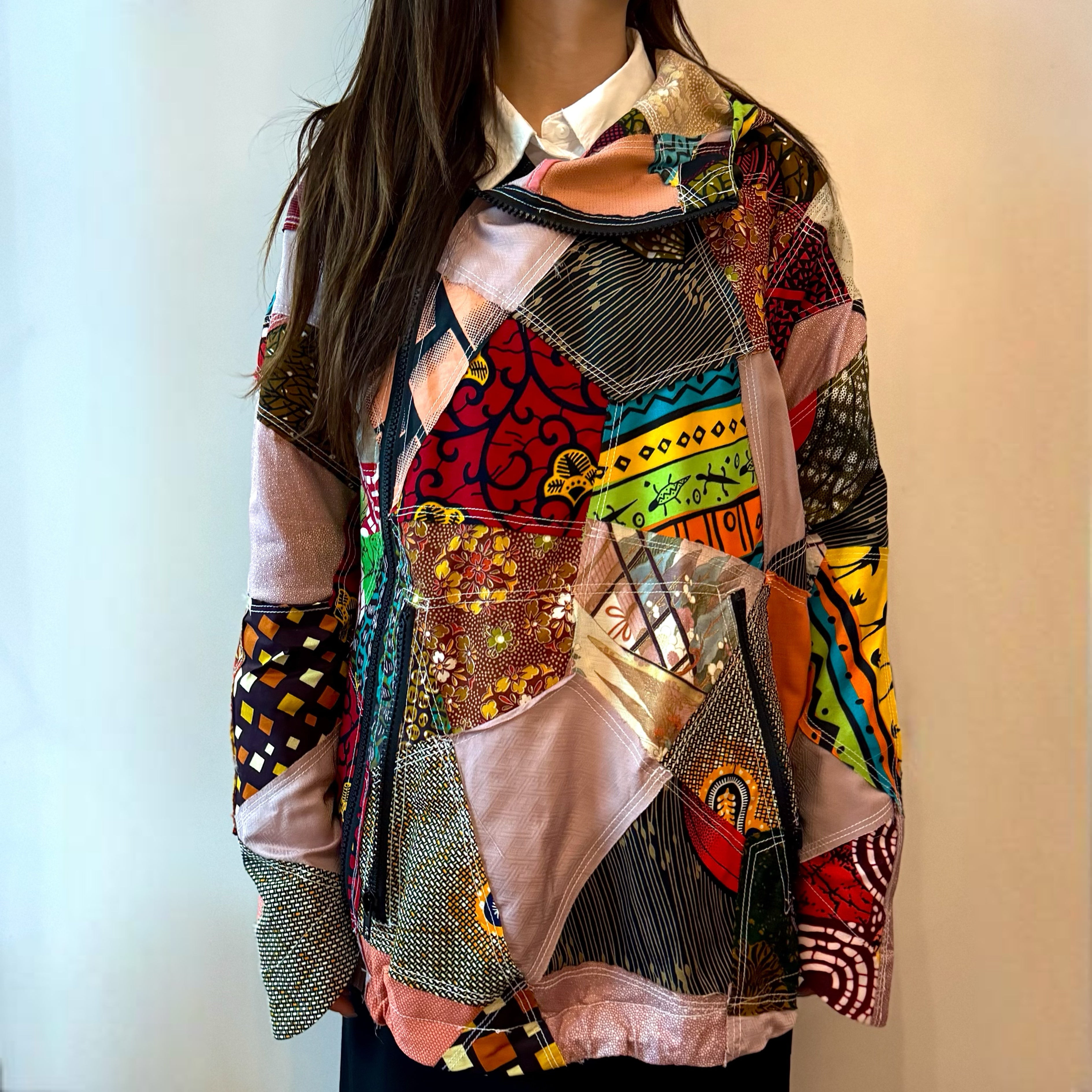 Mohist Asymmetric Zip Patchwork Jacket, Orange