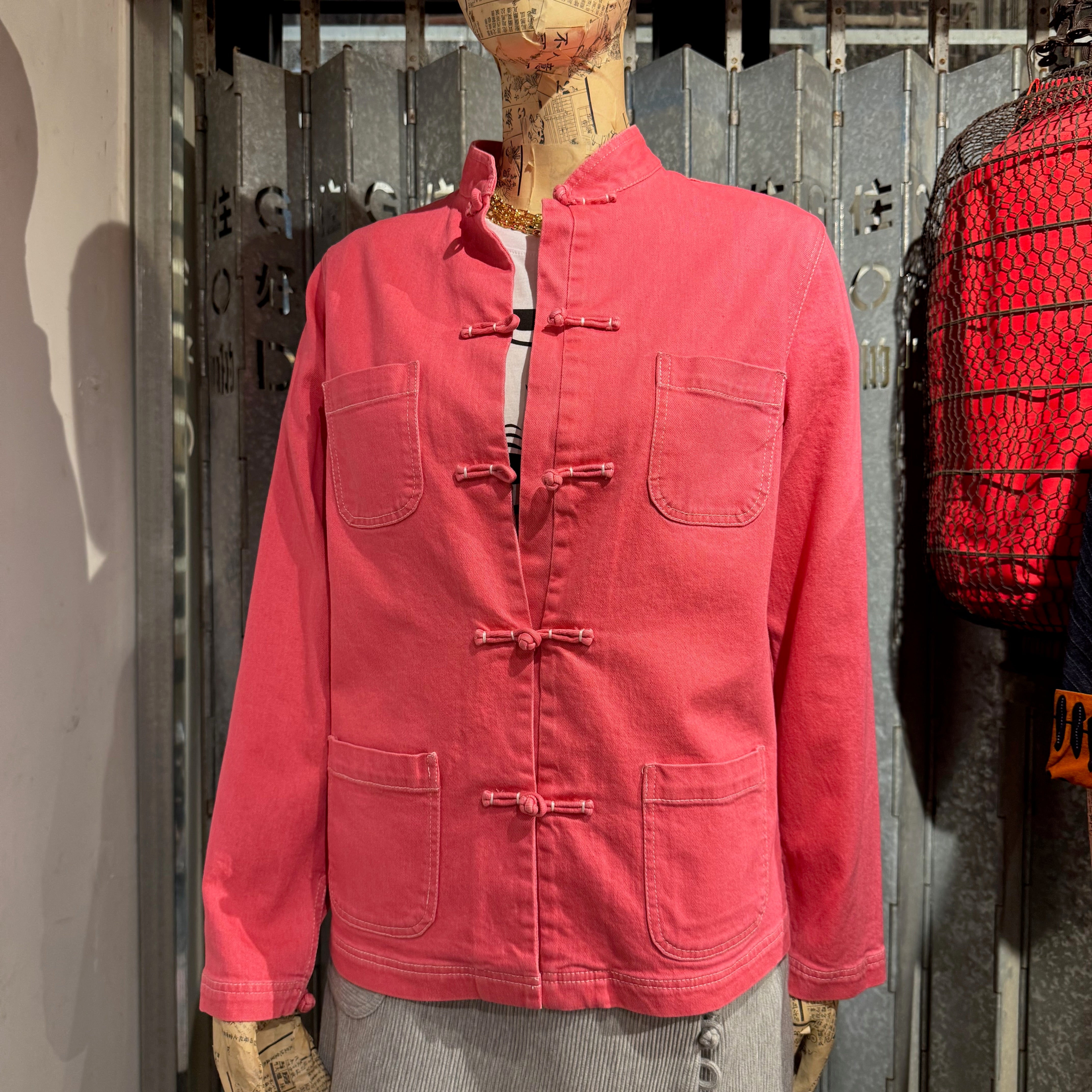 Denim Jacket Knot Button with 4 Pockets, Washed Hot Pink