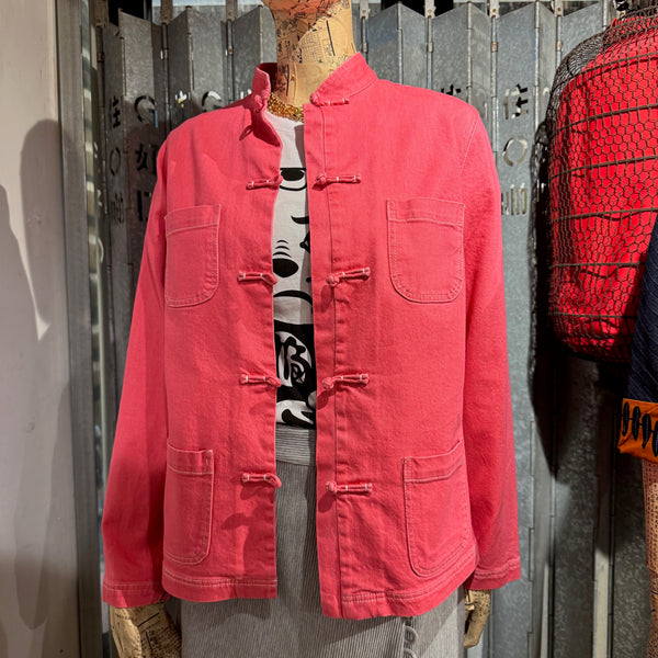 Denim Jacket Knot Button with 4 Pockets, Washed Hot Pink