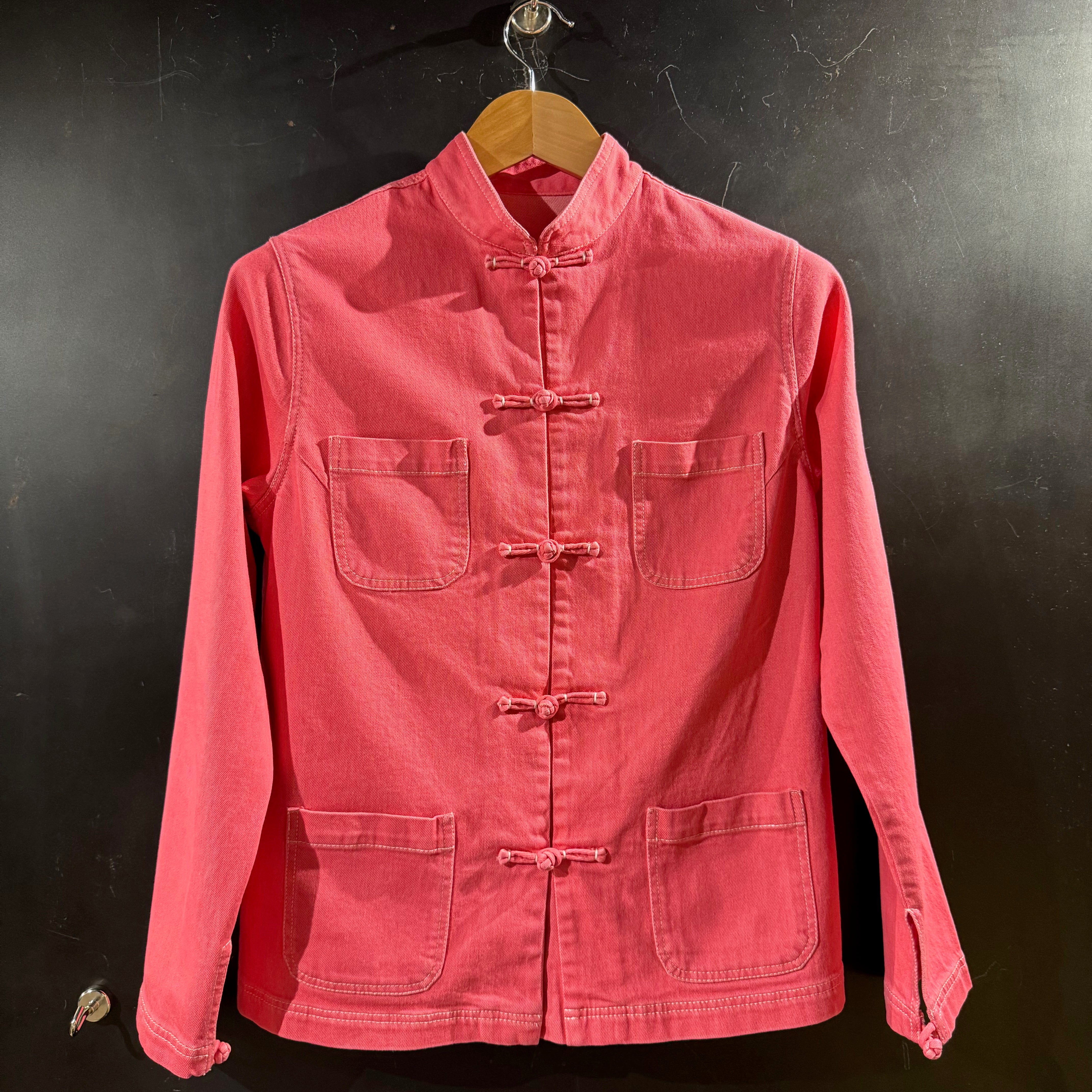 Denim Jacket Knot Button with 4 Pockets, Washed Hot Pink