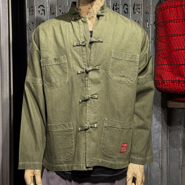 Denim Knot Button Jacket with 4 Pockets, Army Green