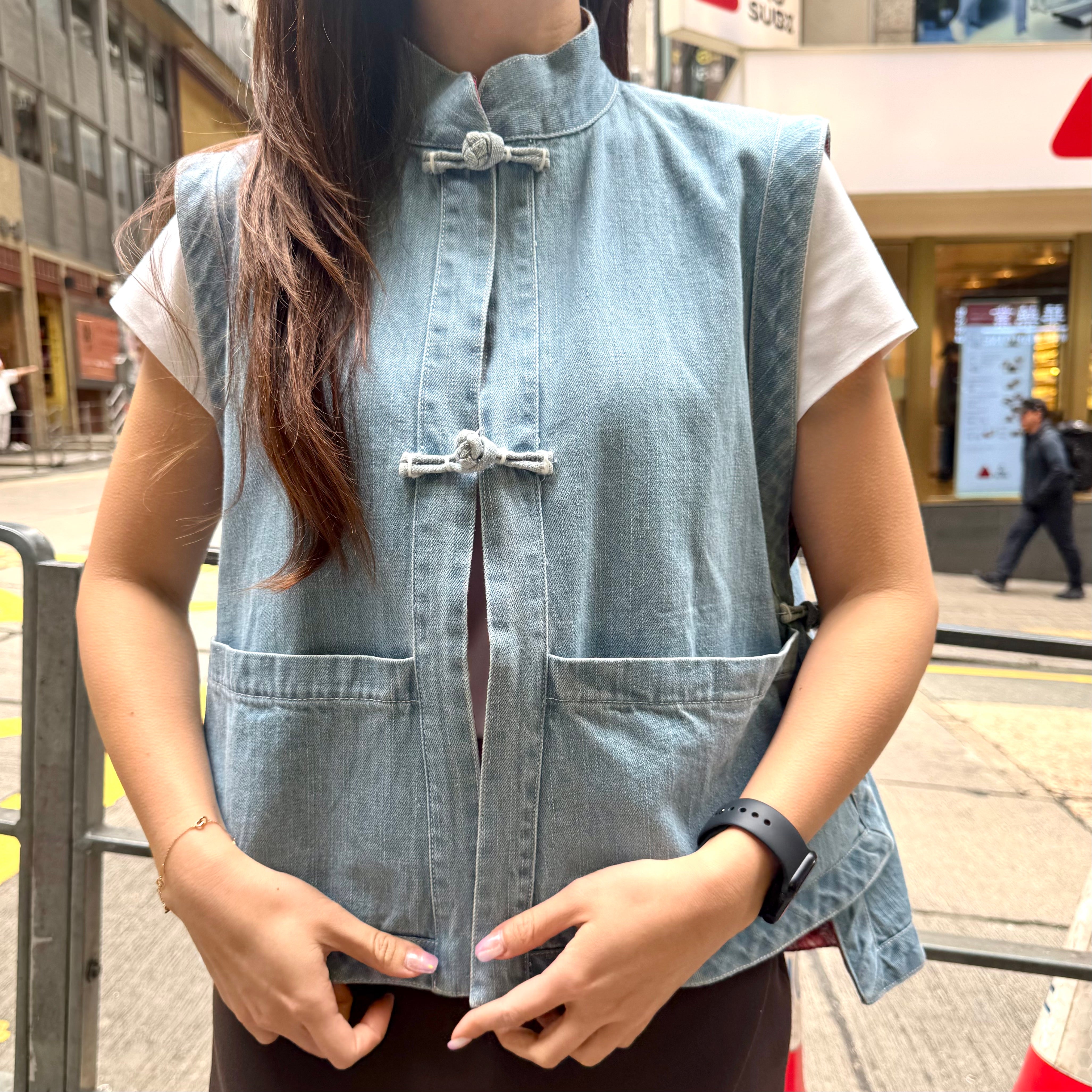 Plain Denim Vest with Dragon & Satin Phoenix Print Lining, Blue
