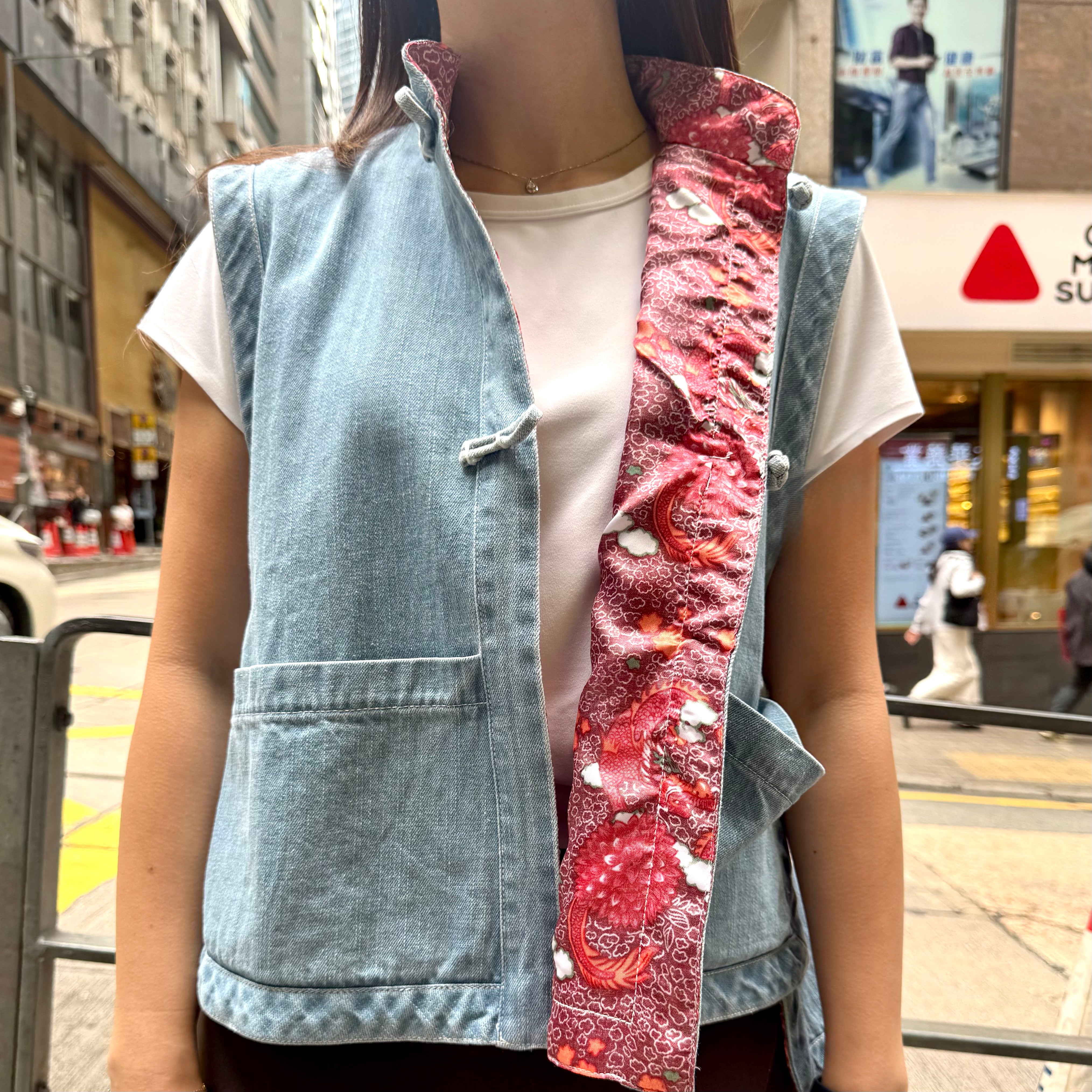 Plain Denim Vest with Dragon & Satin Phoenix Print Lining, Blue