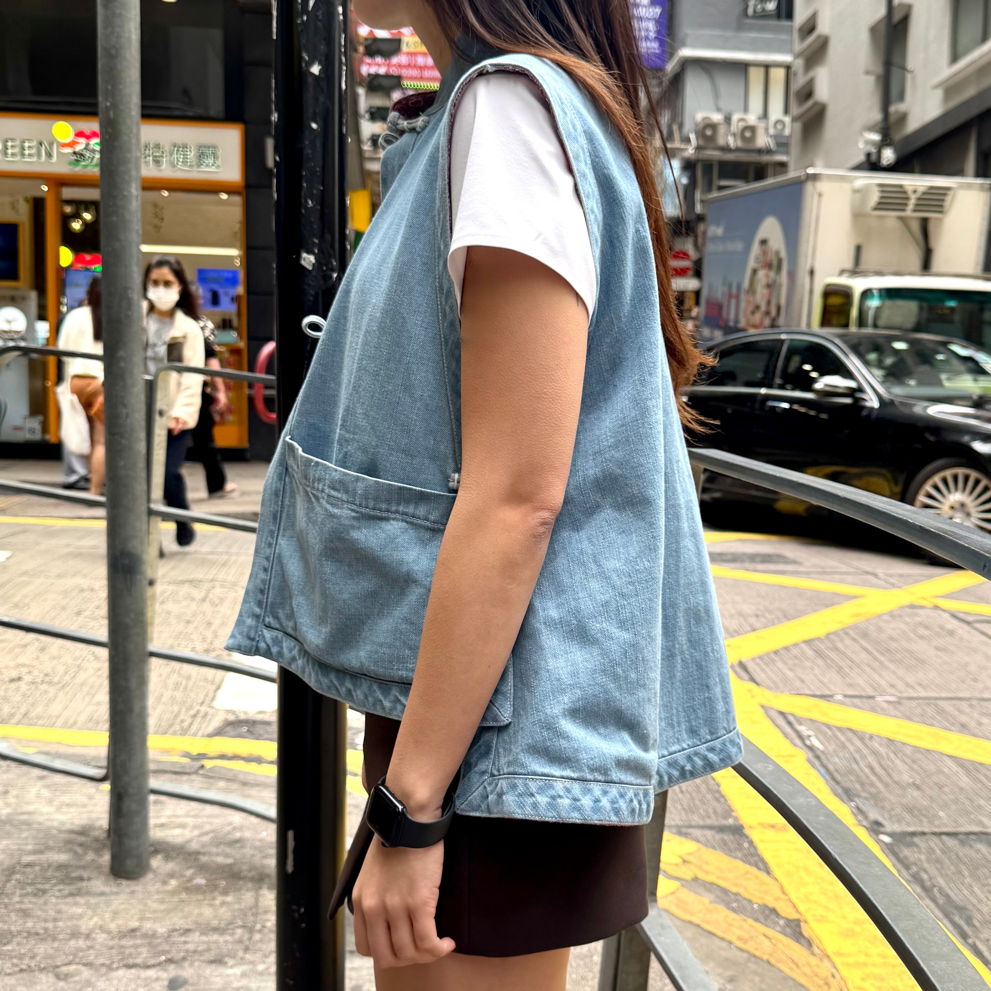 Plain Denim Vest with Dragon & Satin Phoenix Print Lining, Blue