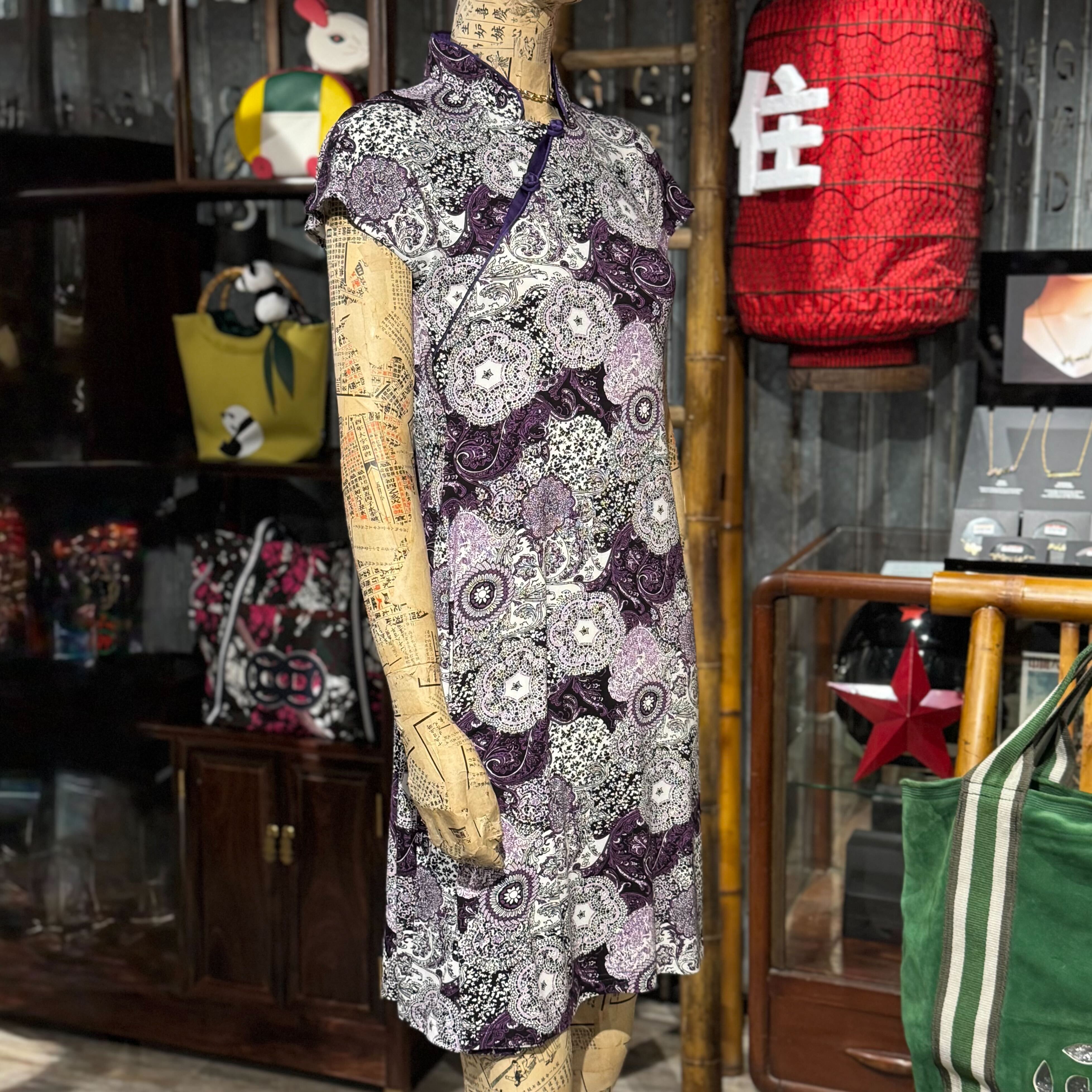 Purple Batik Floral Qipao Dress