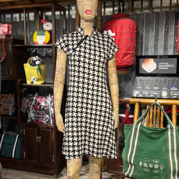 White Black Houndstooth Qipao Dress