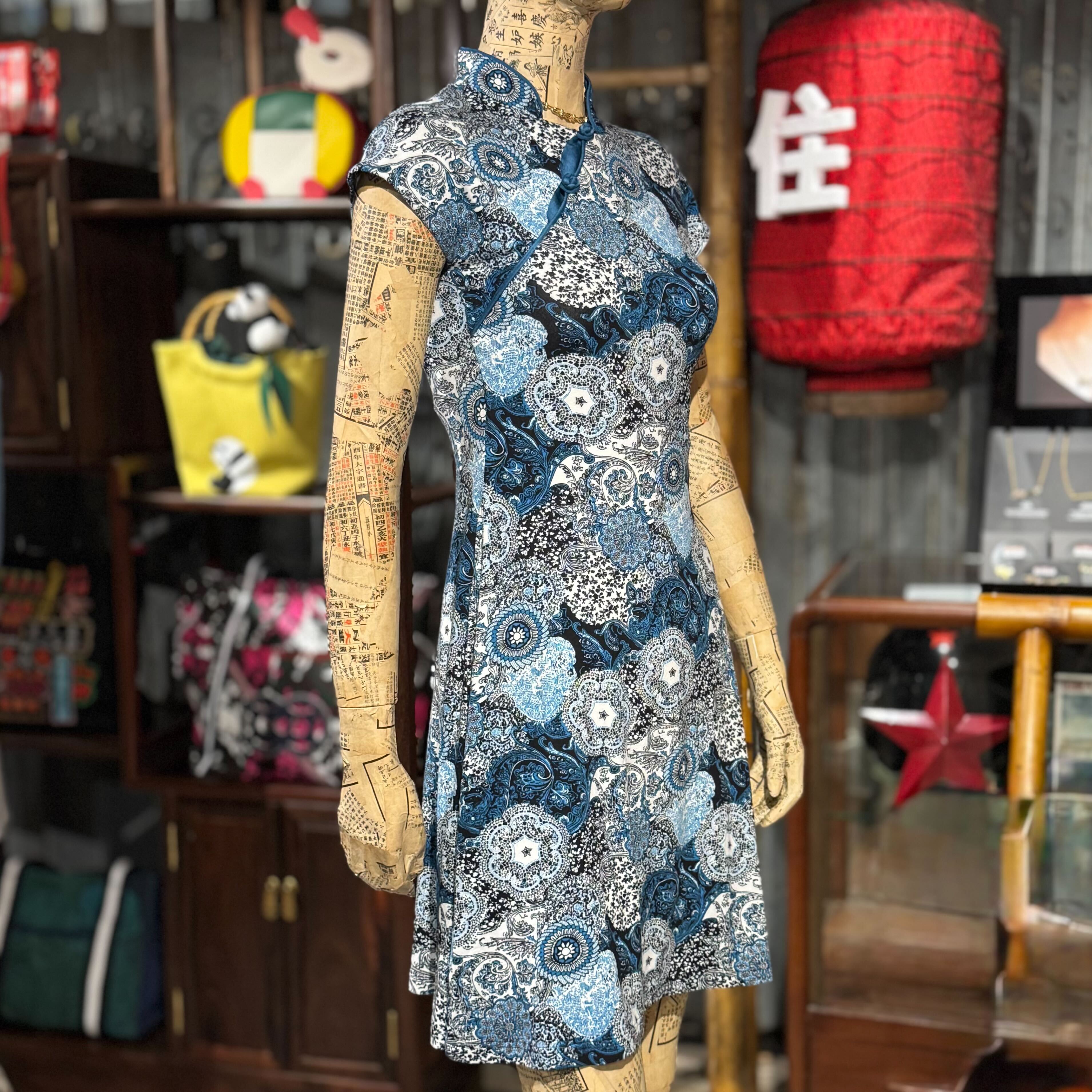 Blue Batik Floral Qipao Dress