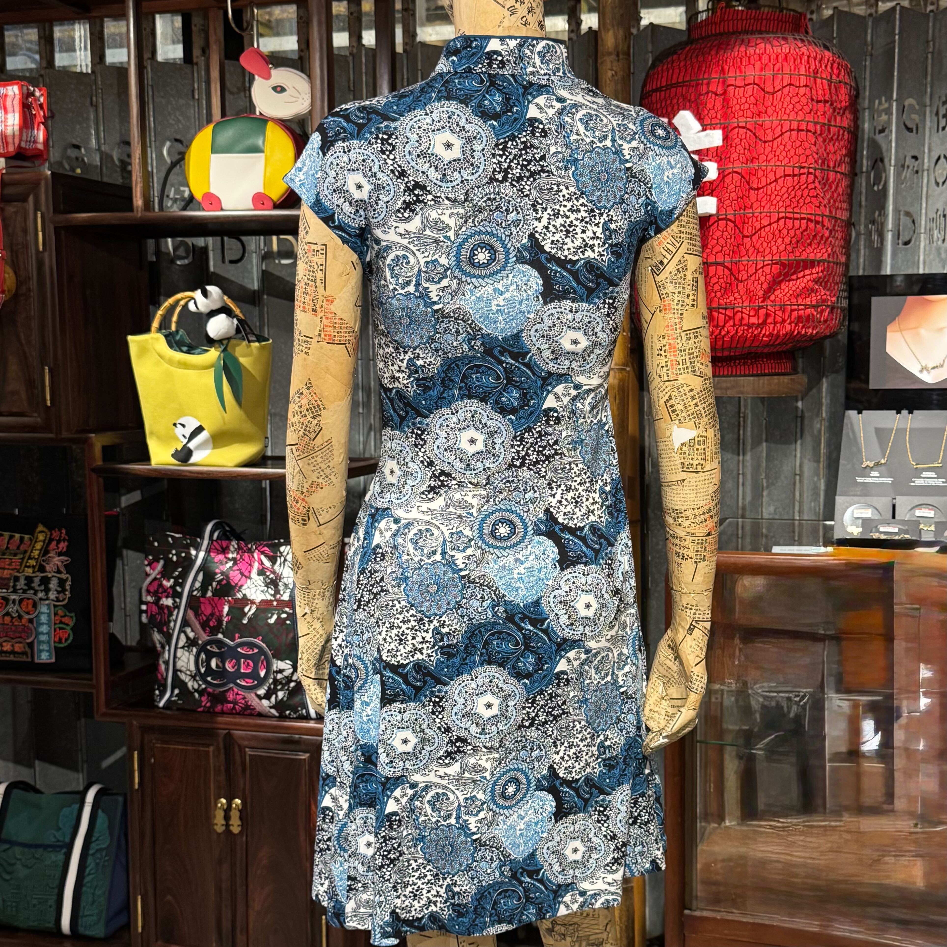 Blue Batik Floral Qipao Dress