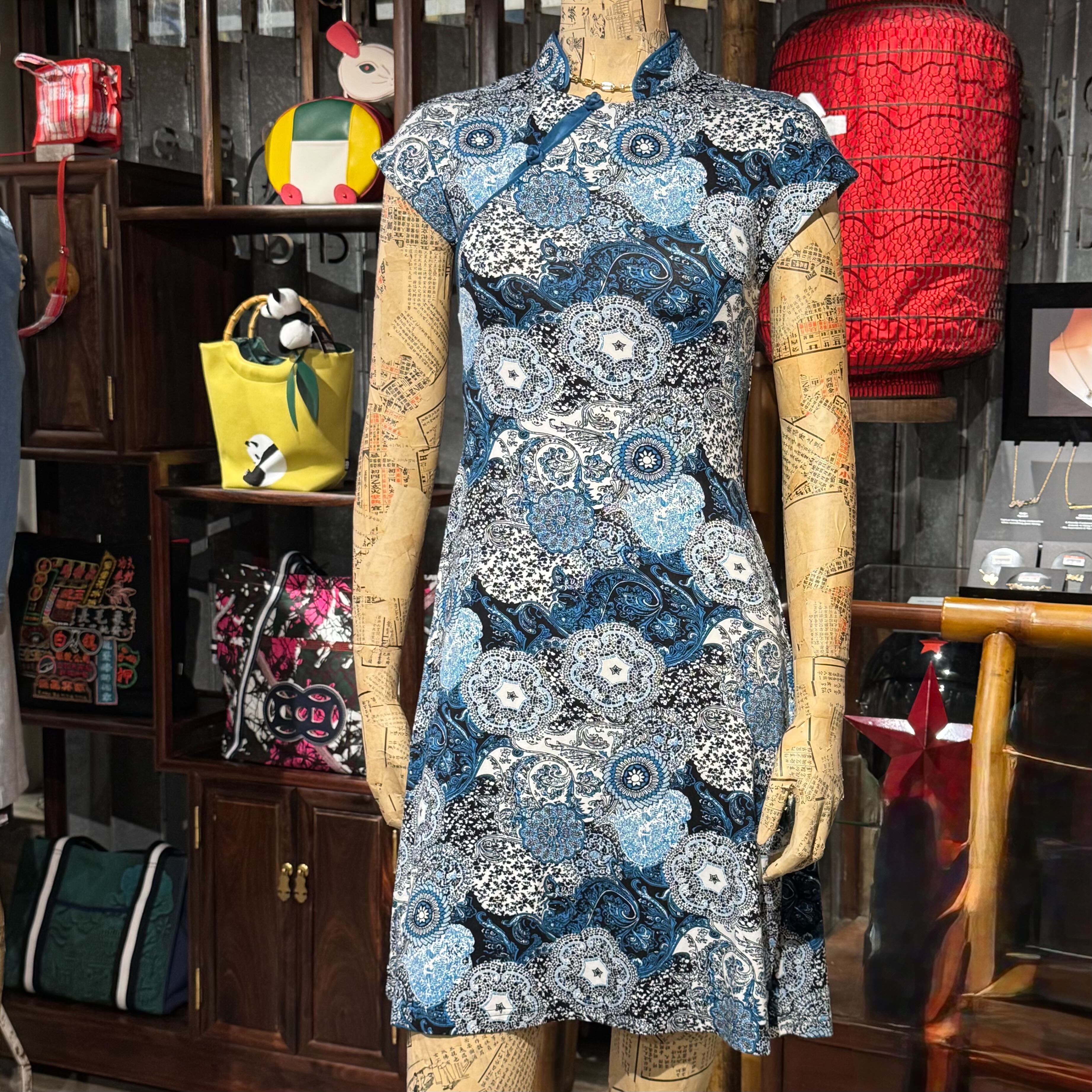 Blue Batik Floral Qipao Dress