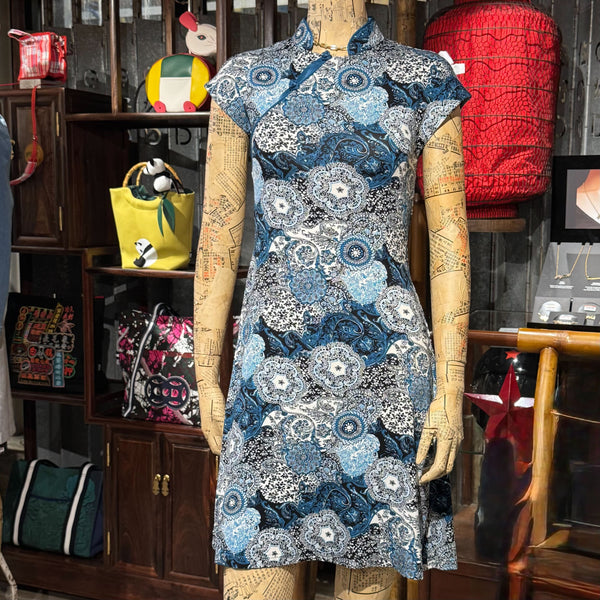 Blue Batik Floral Qipao Dress