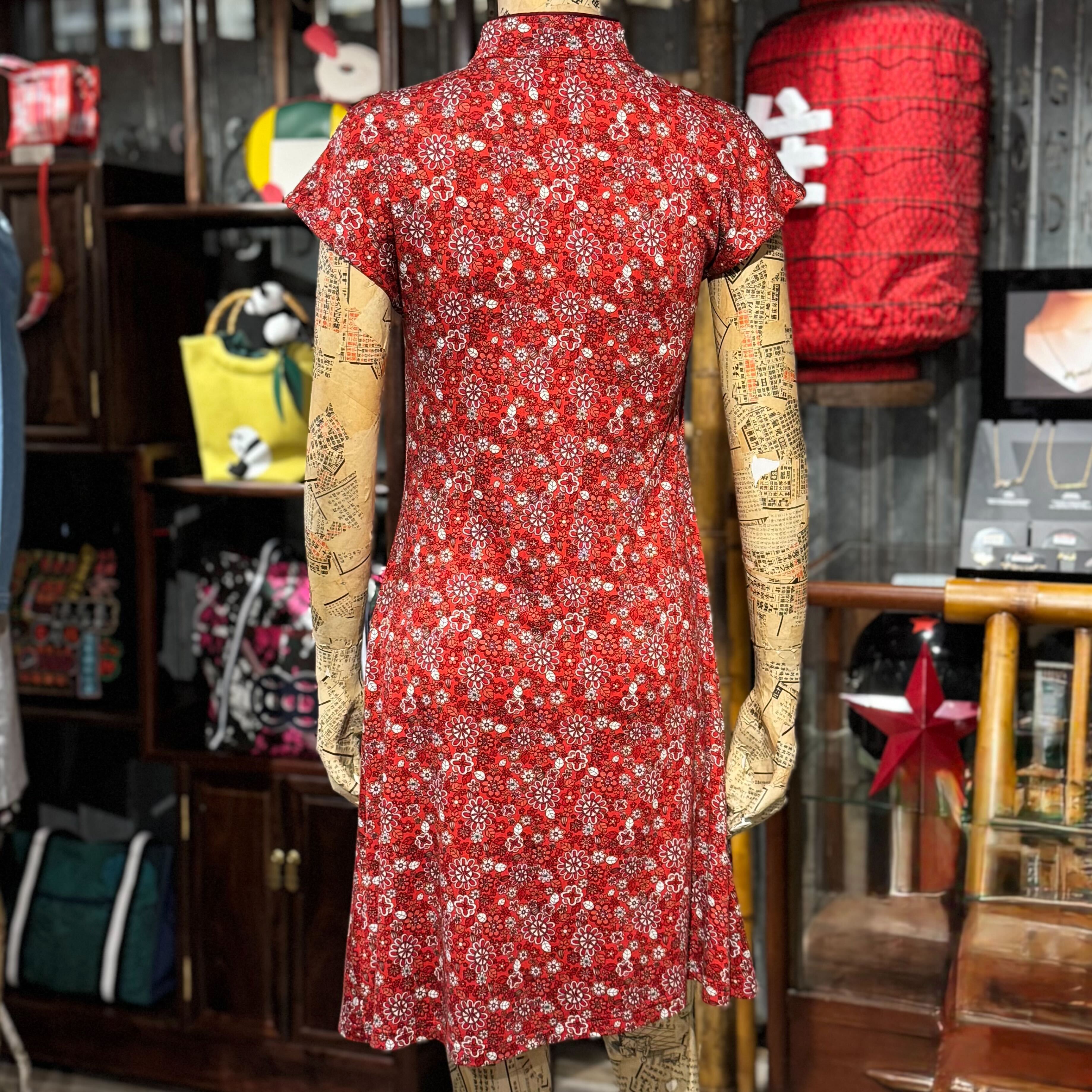 Red Whiite Daisy Qipao Dress