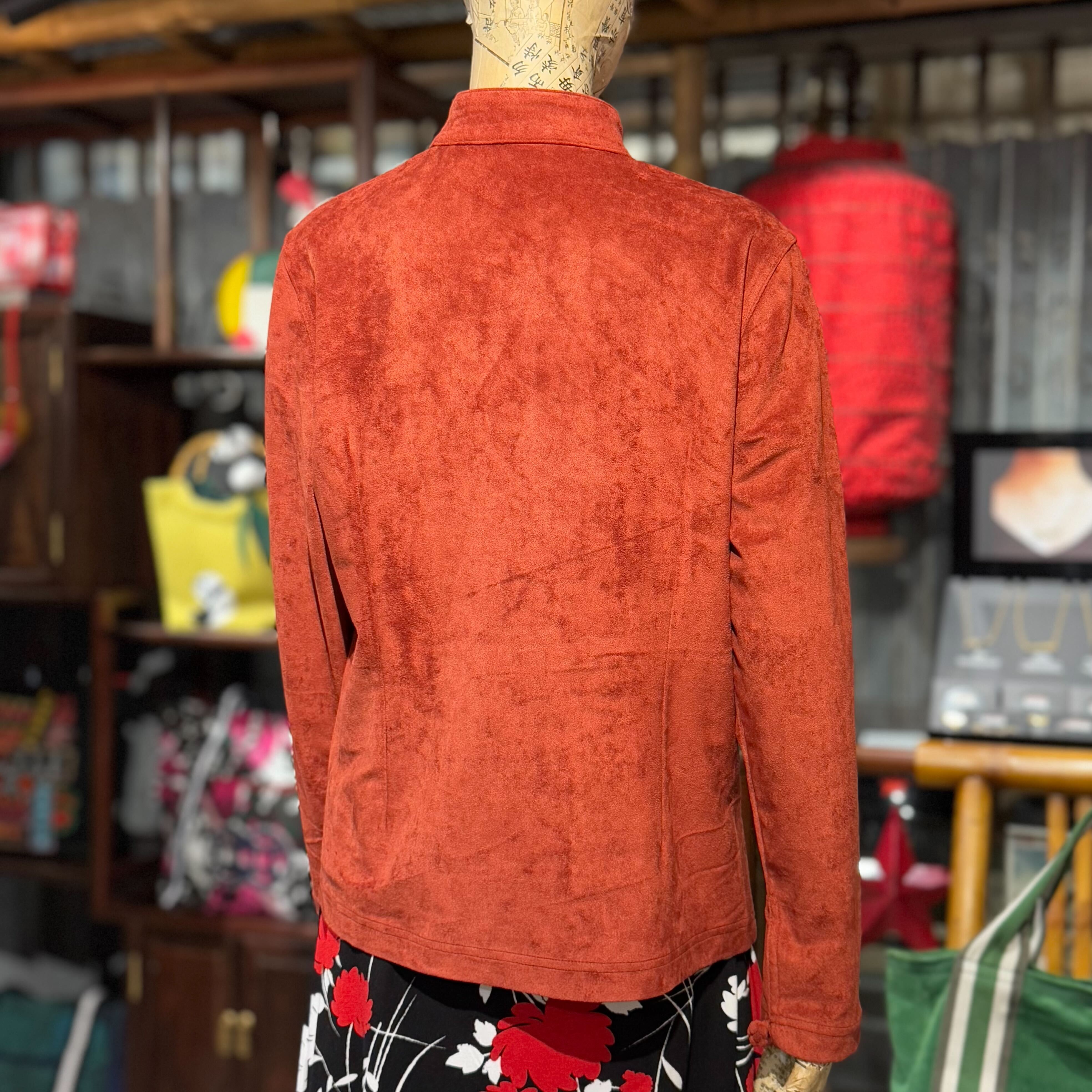 Four Pockets Micro Suede Jacket, Brick Red with White Stitch