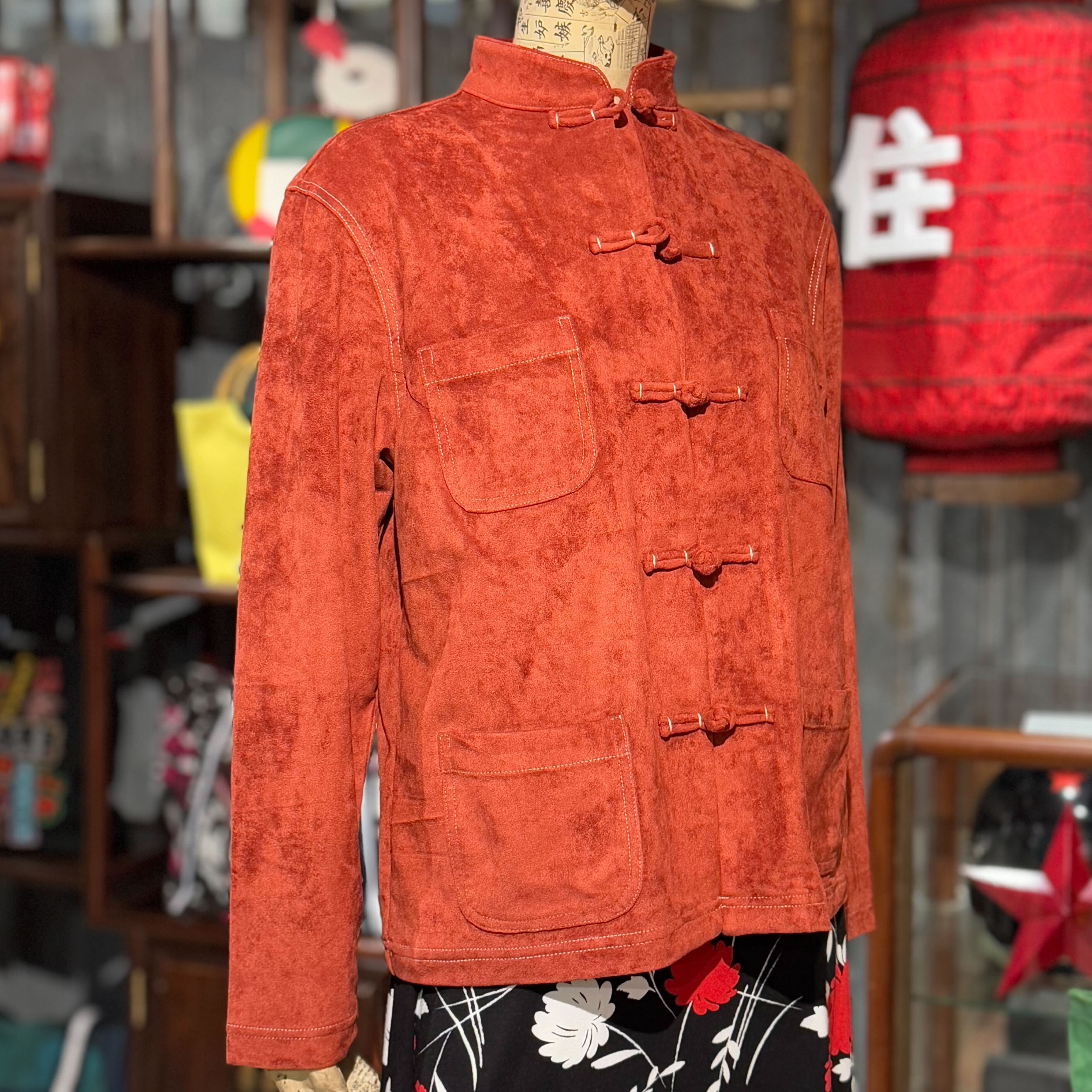 Four Pockets Micro Suede Jacket, Brick Red with White Stitch