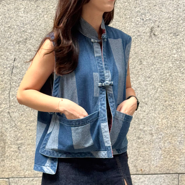 Denim Printed Patchwork Vest with Dragon & Phoenix Printed Lining