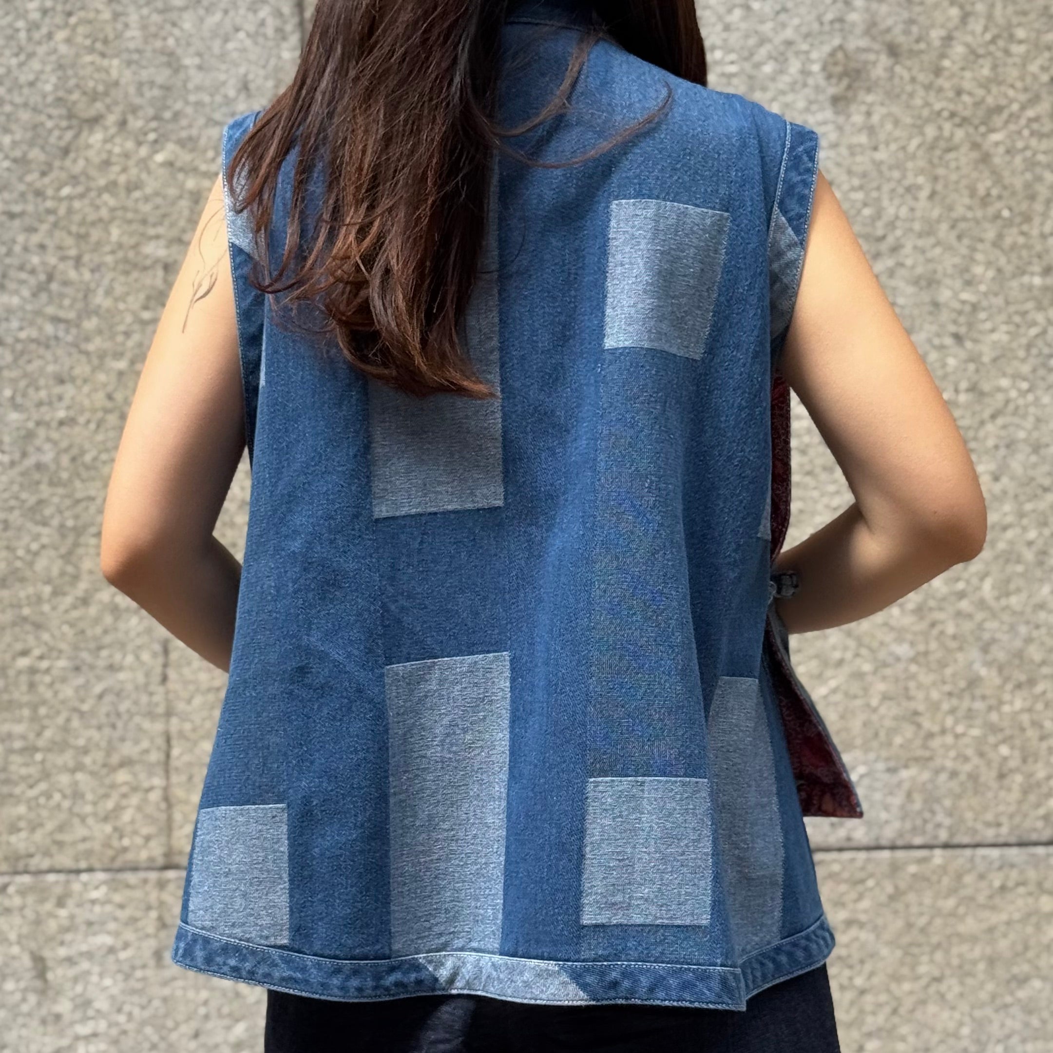 Denim Printed Patchwork Vest with Dragon & Phoenix Printed Lining
