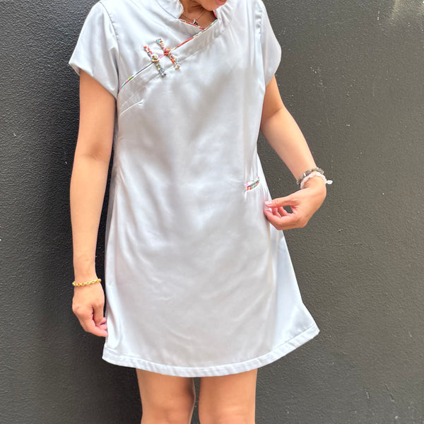 Satin Short Sleeve Qipao Dress, Light Blue