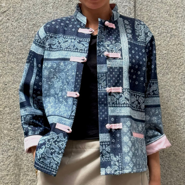 Paisley Denim Cropped Jacket with Pink Knot Button