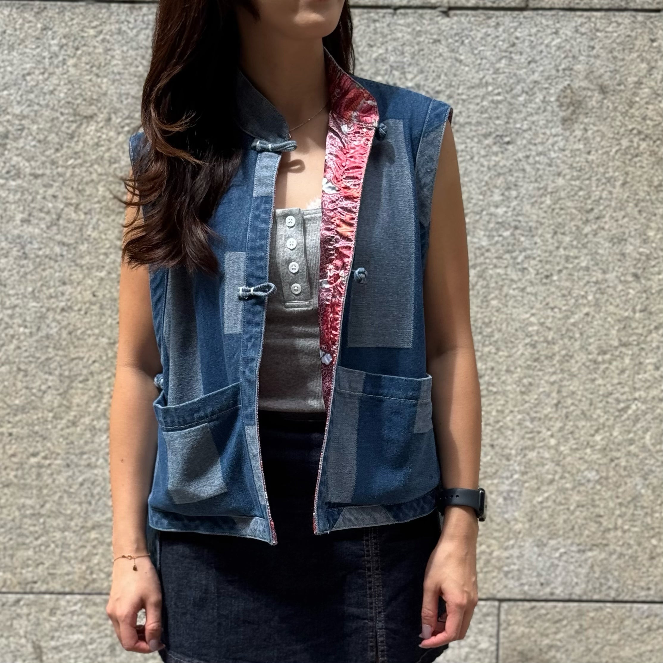 Denim Printed Patchwork Vest with Dragon & Phoenix Printed Lining