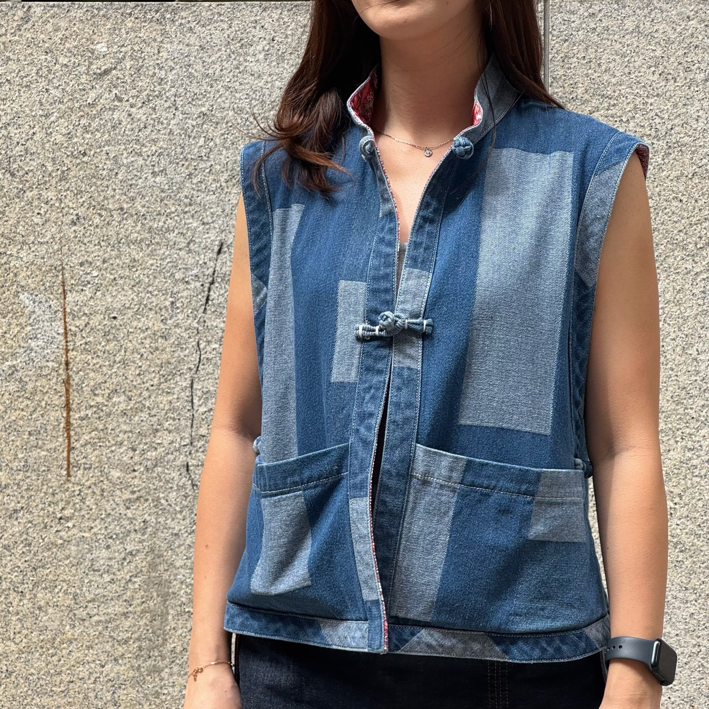 Denim Printed Patchwork Vest with Dragon & Phoenix Printed Lining