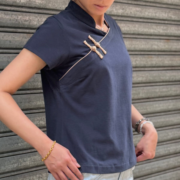 Cotton Qipolo Top with Jet Pocket, Navy