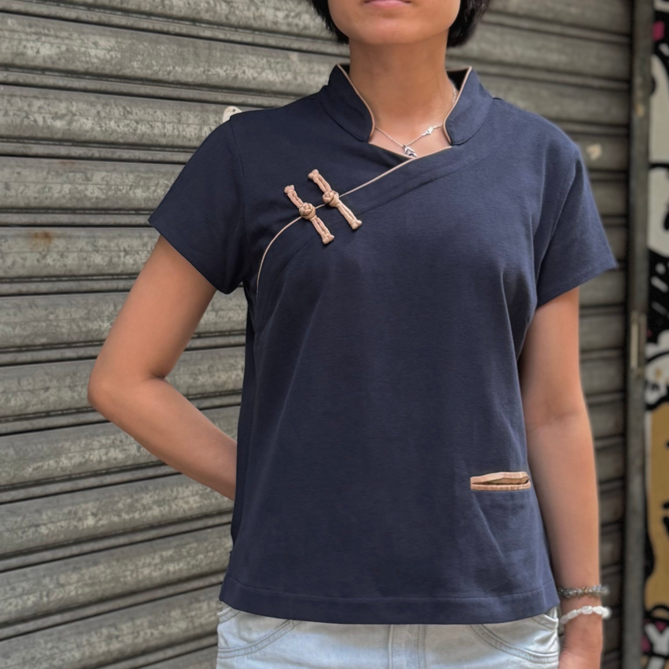 Cotton Qipolo Top with Jet Pocket, Navy