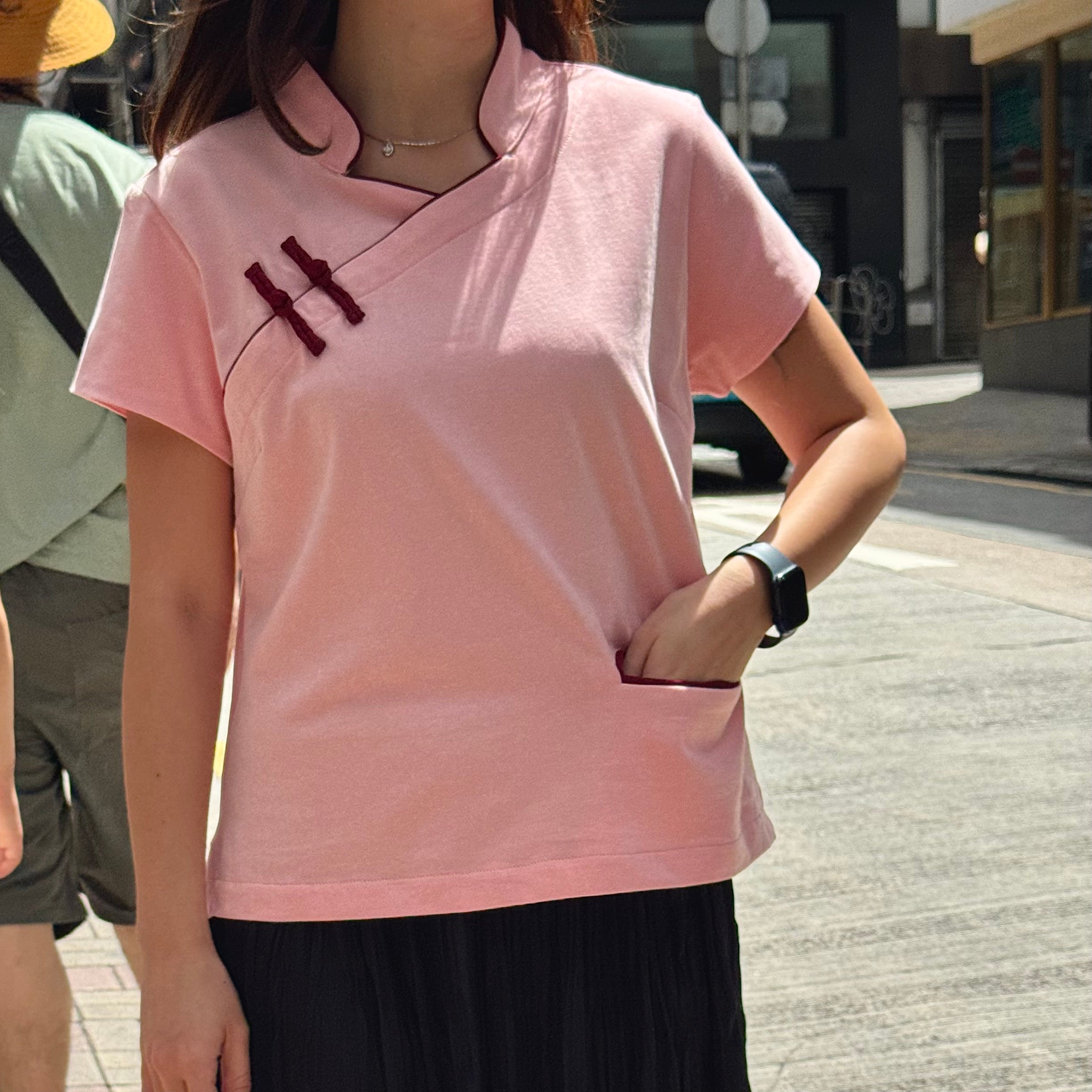 Cotton Qipolo Top with Jet Pocket, Pink