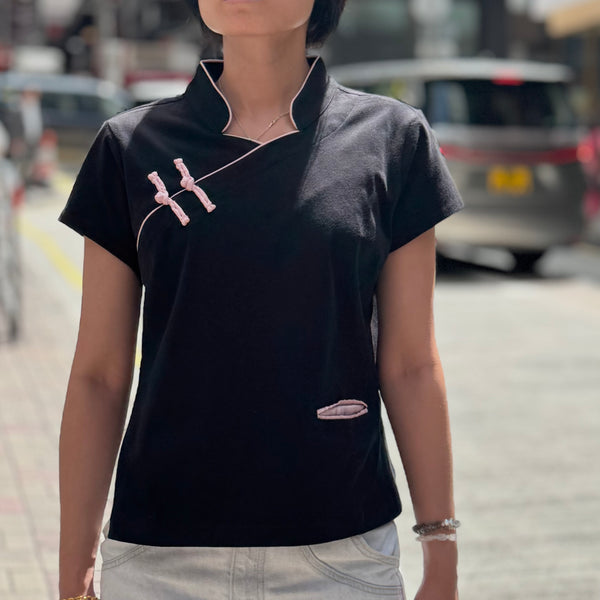 Cotton Qipolo Top with Jet Pocket, Black
