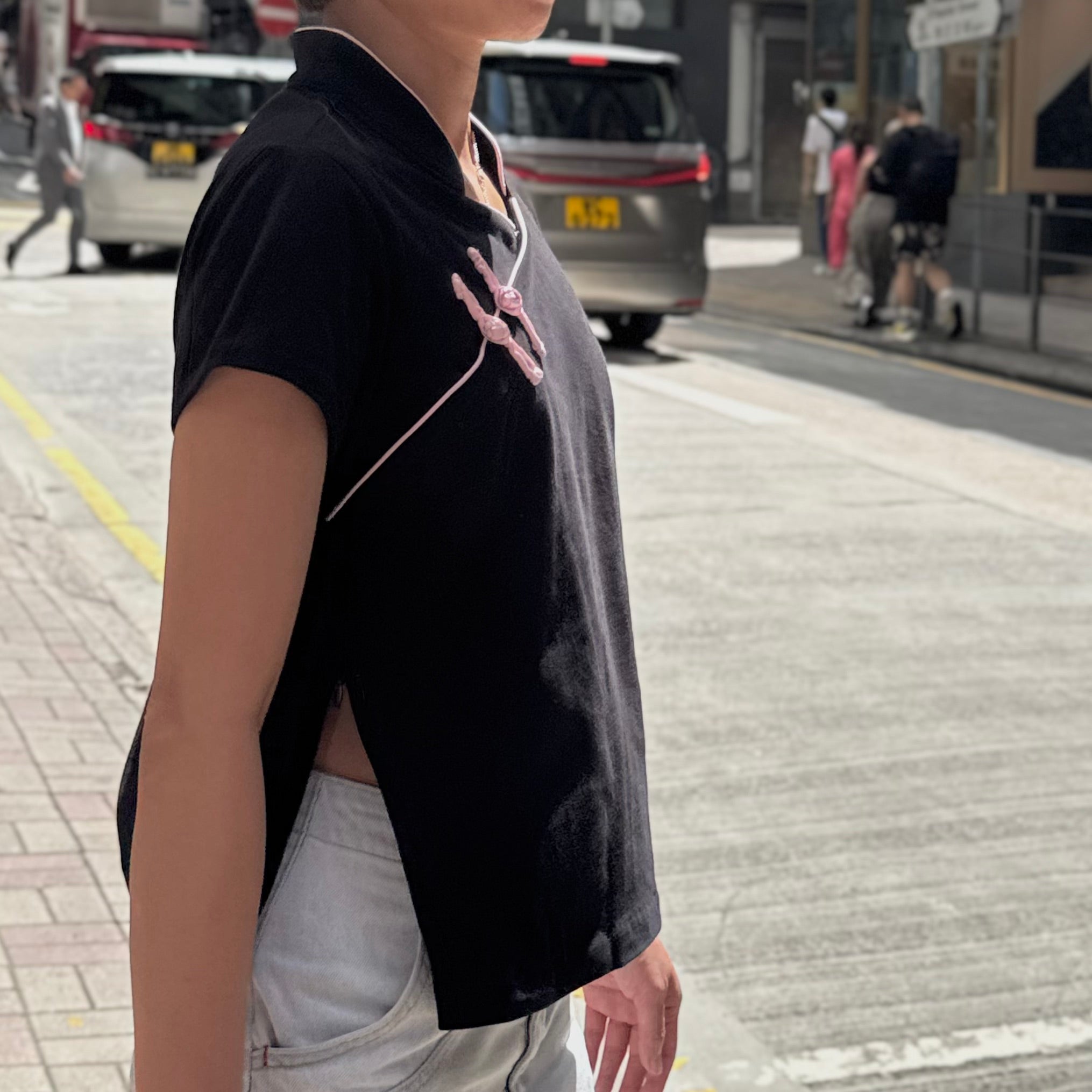 Cotton Qipolo Top with Jet Pocket, Black
