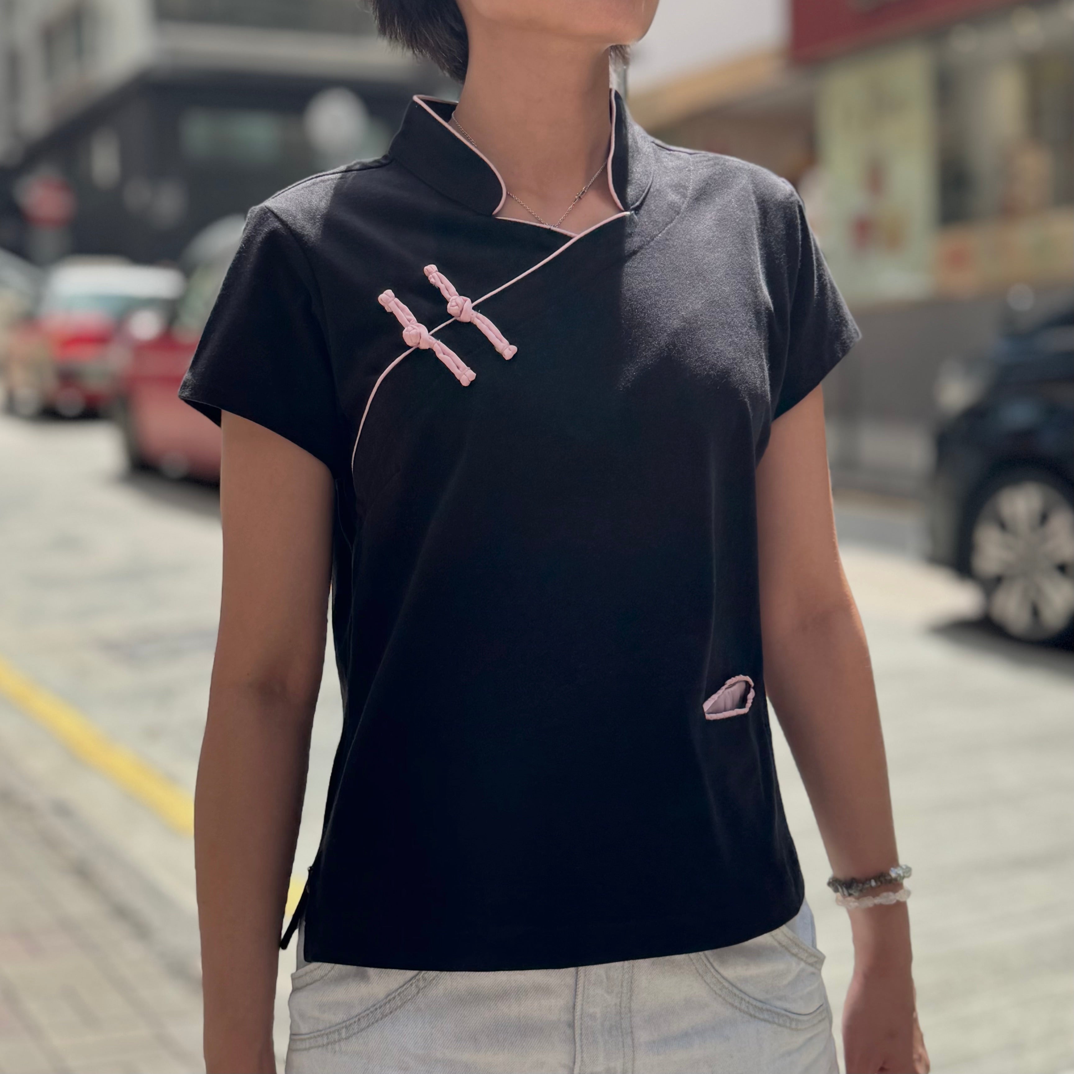 Cotton Qipolo Top with Jet Pocket, Black