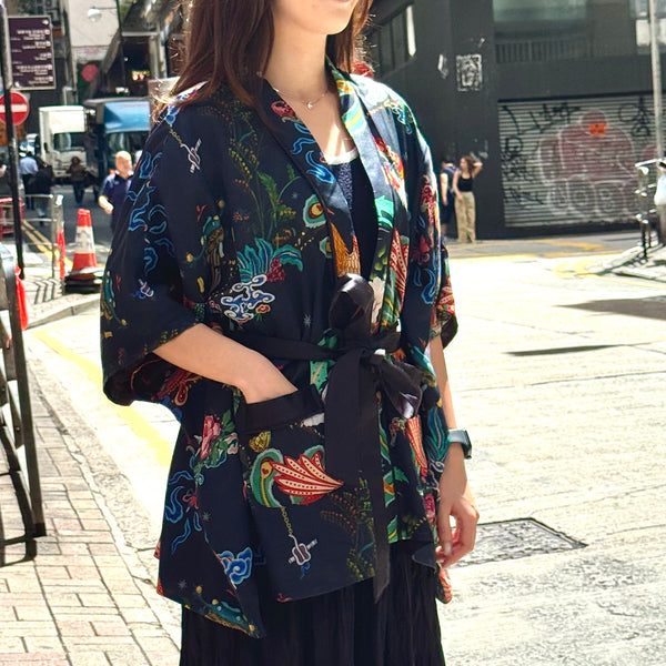 Printed Silk Kimono Jacket, Black Phoenix