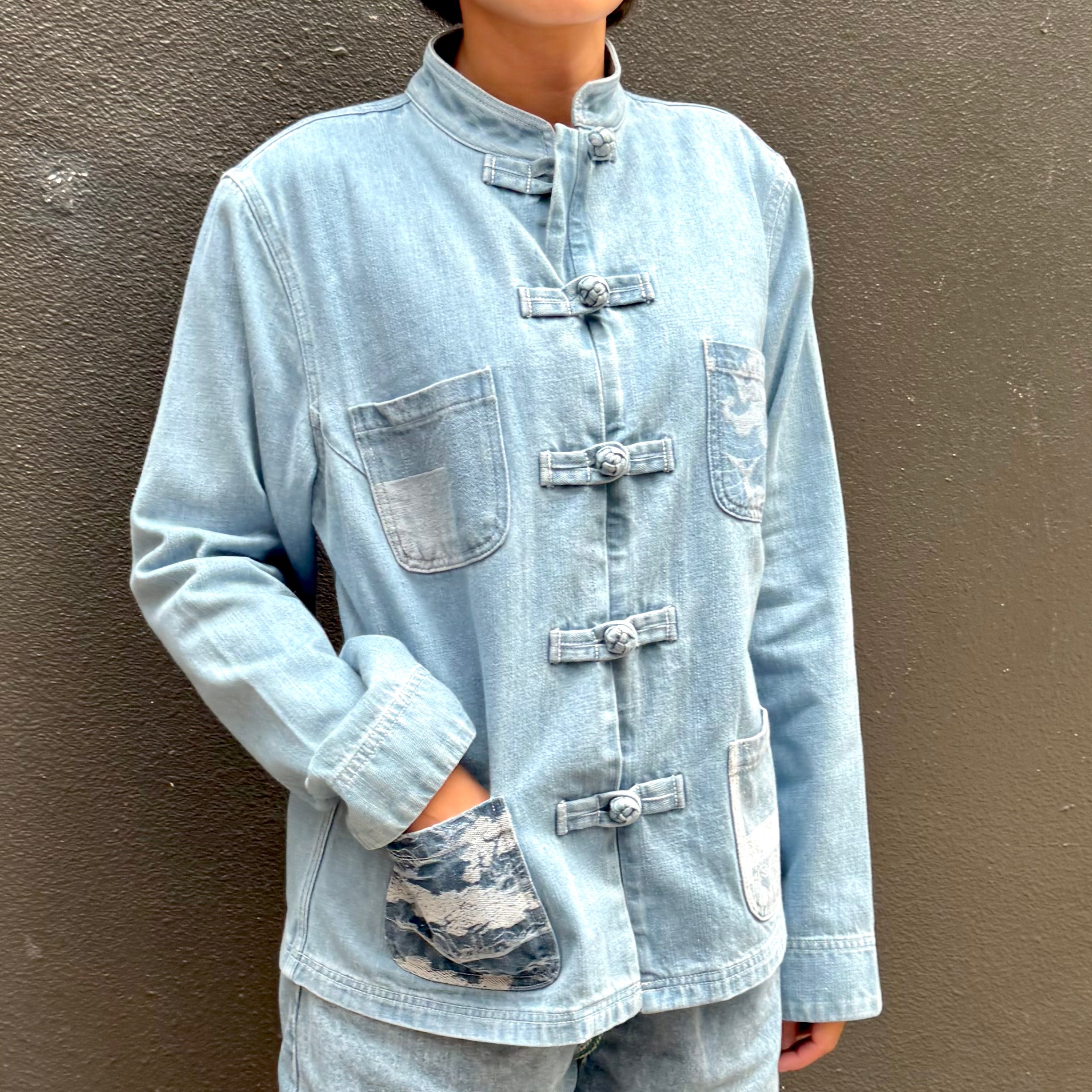 Women's Denim Jacket with four Jacquard Pockets, Light Blue