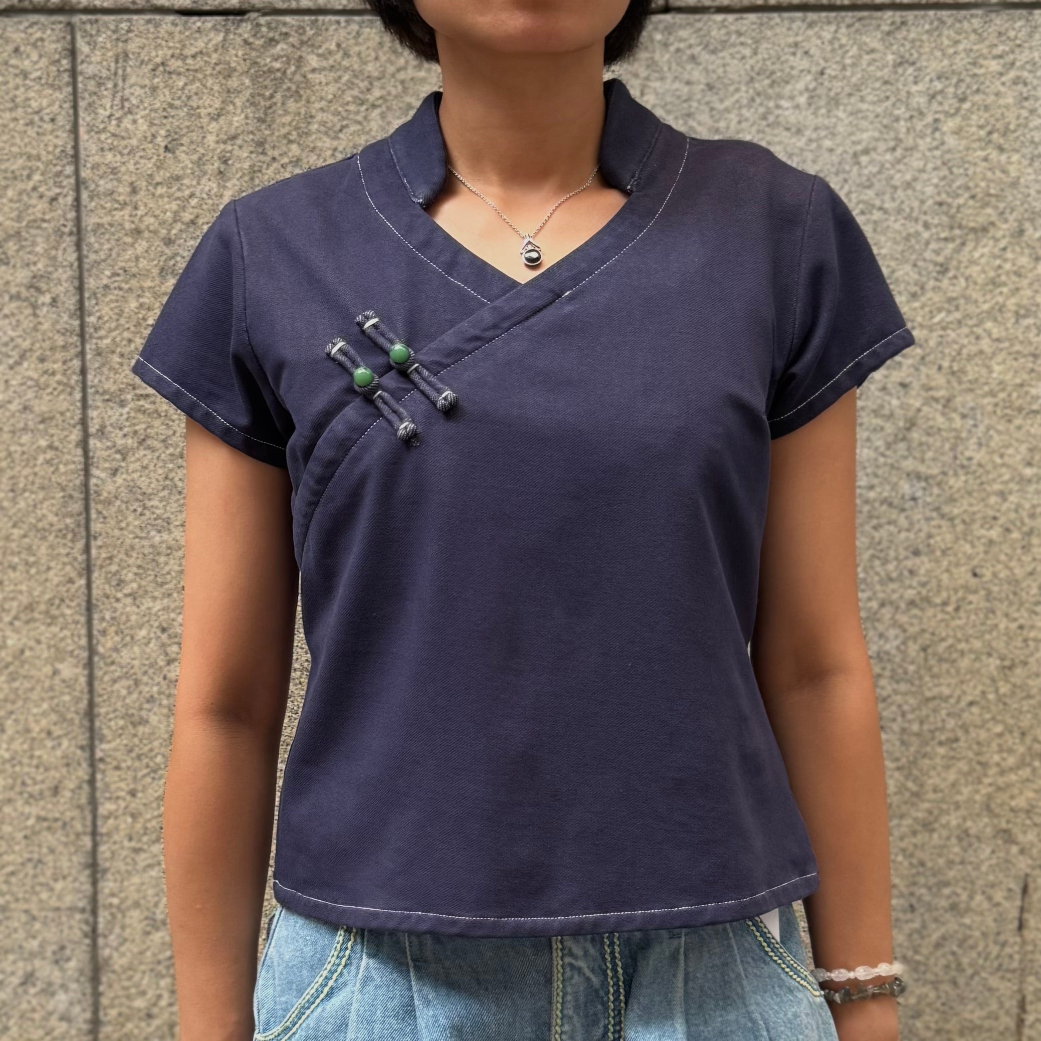 Faux Denim Qipolo Top, Navy