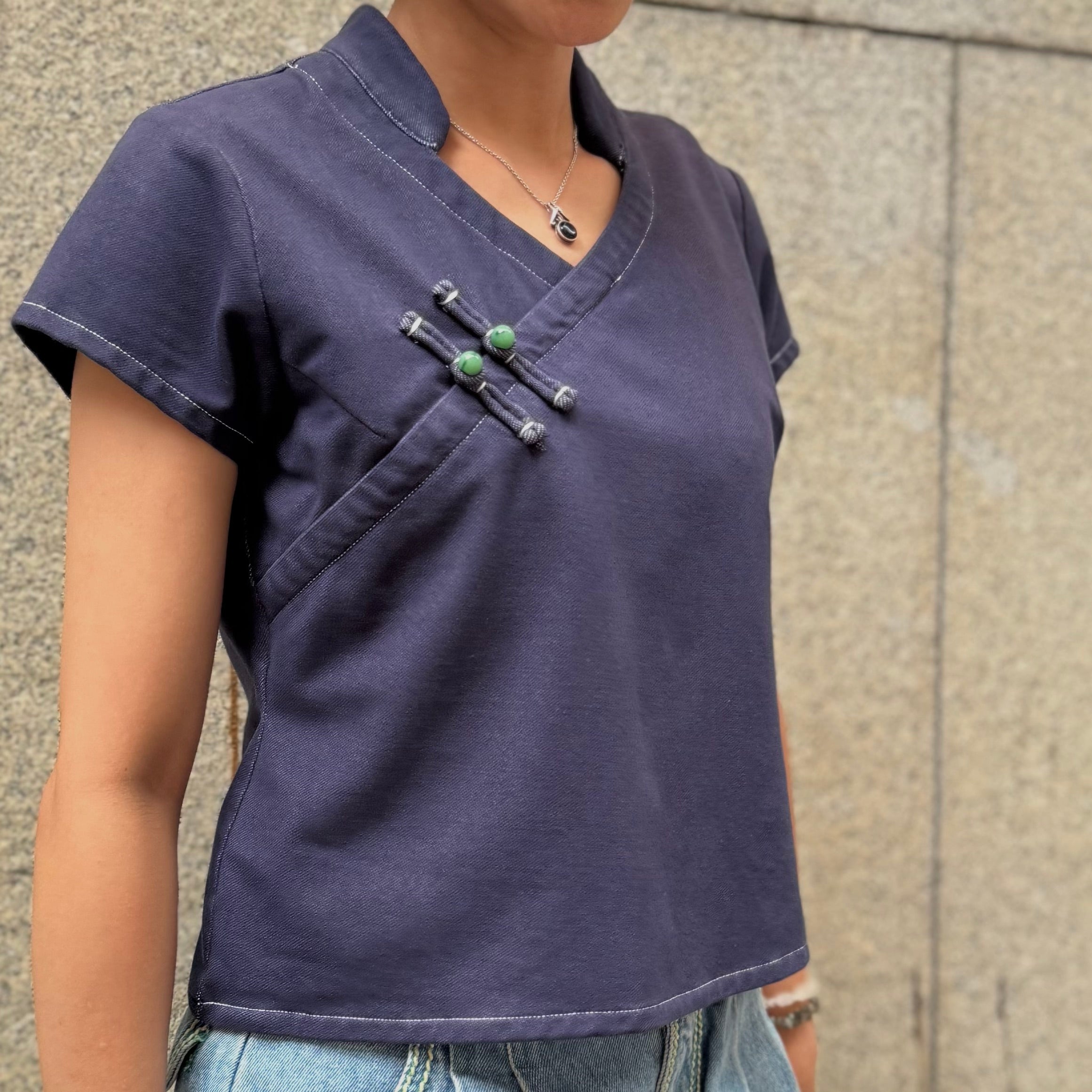 Faux Denim Qipolo Top, Navy