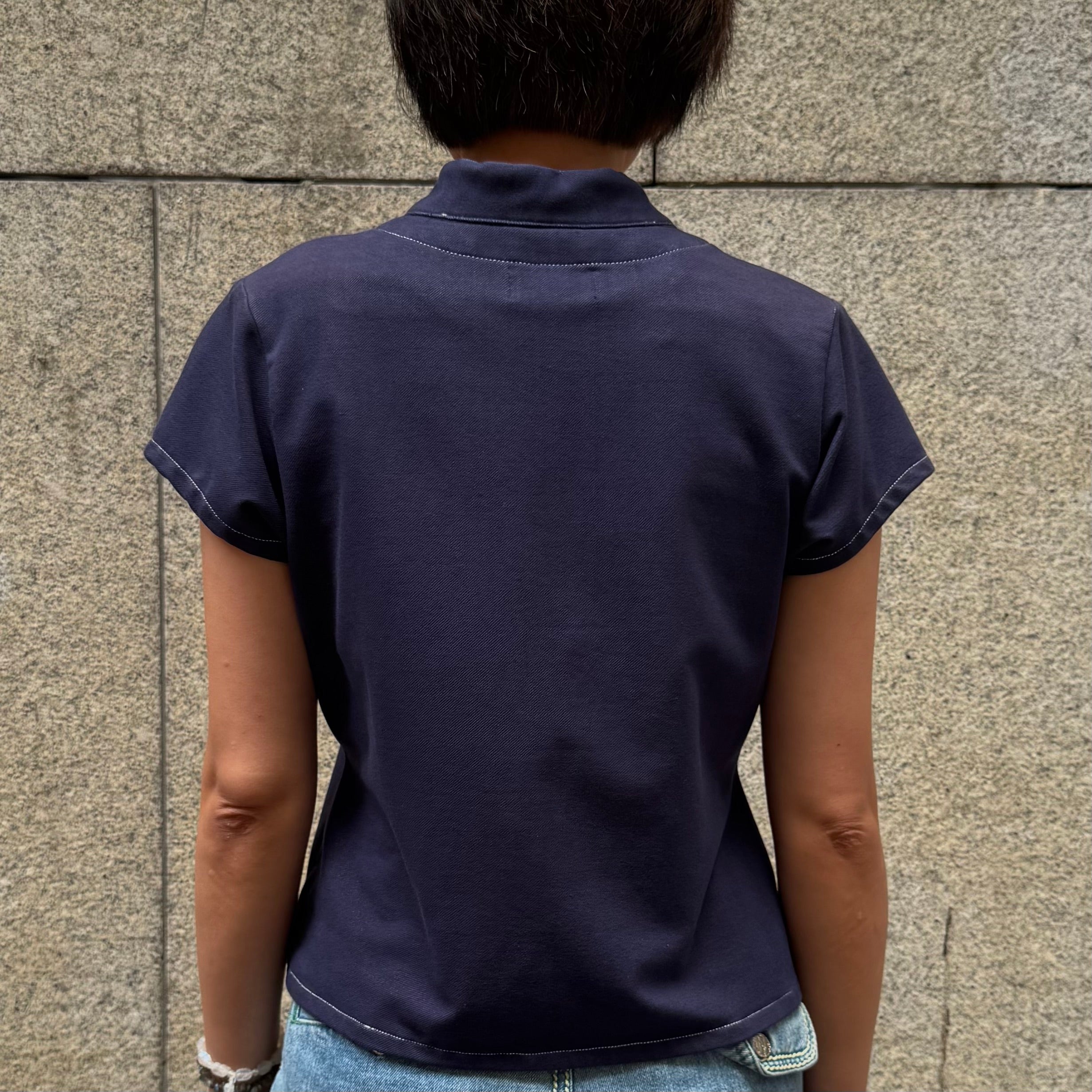 Faux Denim Qipolo Top, Navy