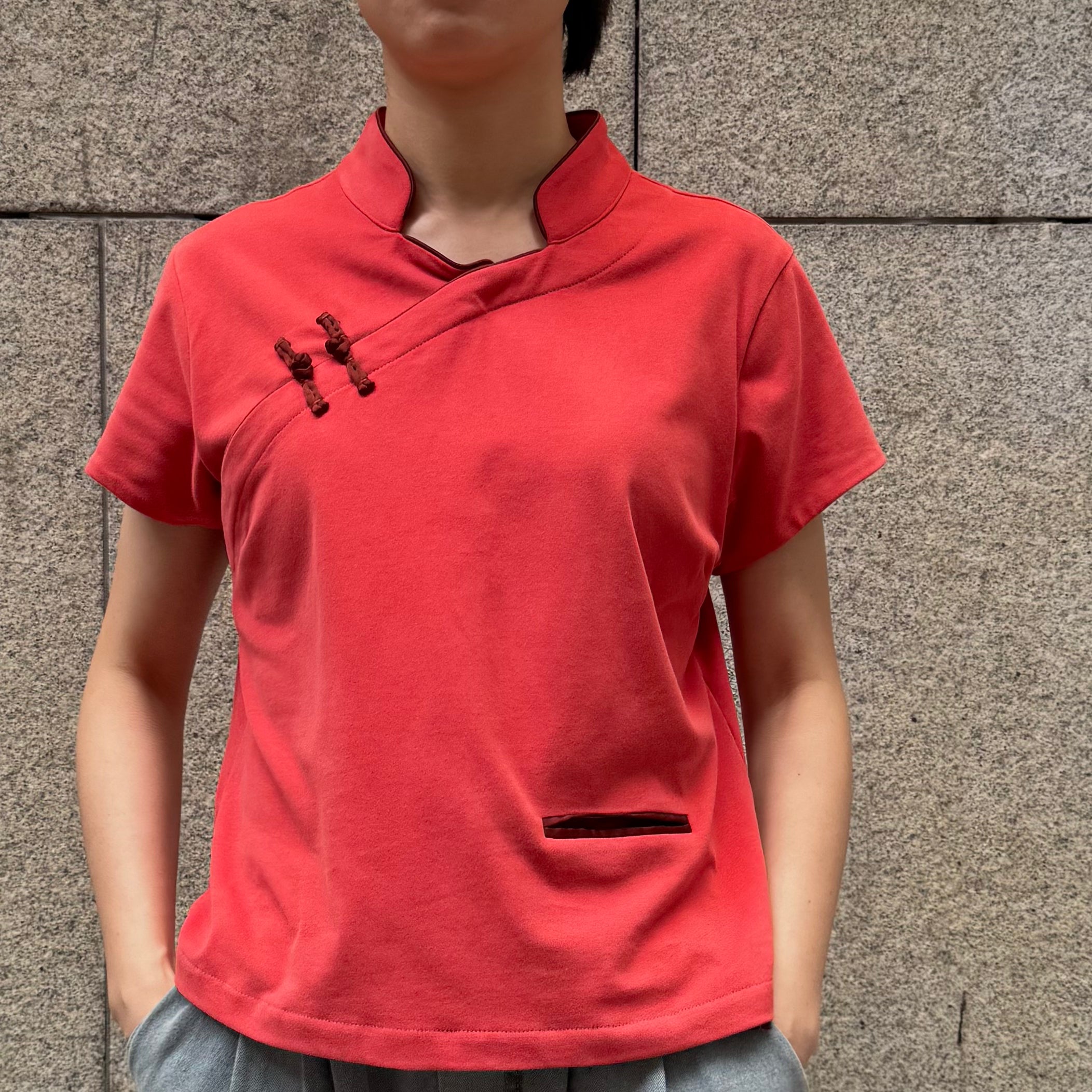 Cotton Qipolo Top with Jet Pocket, Red