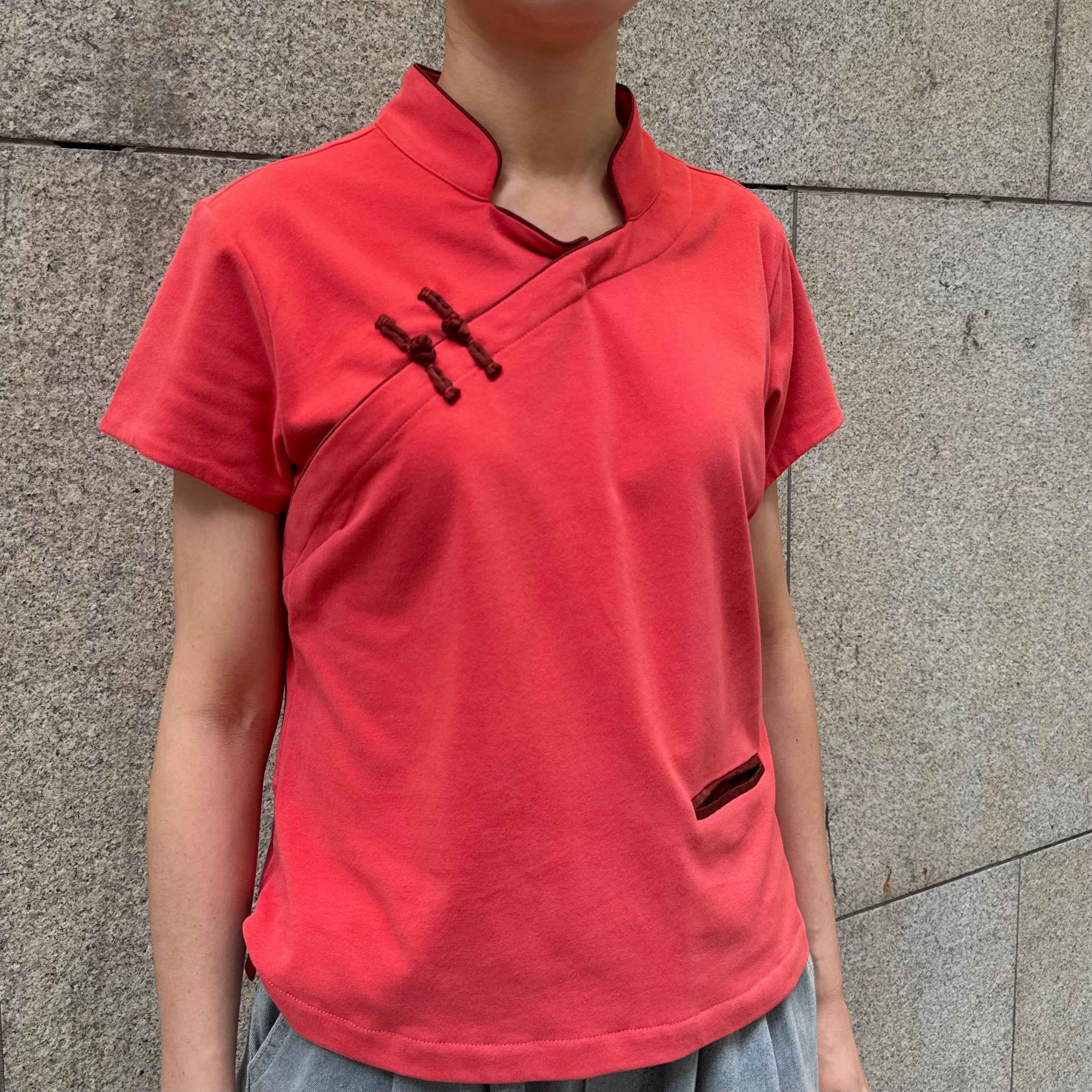 Cotton Qipolo Top with Jet Pocket, Red