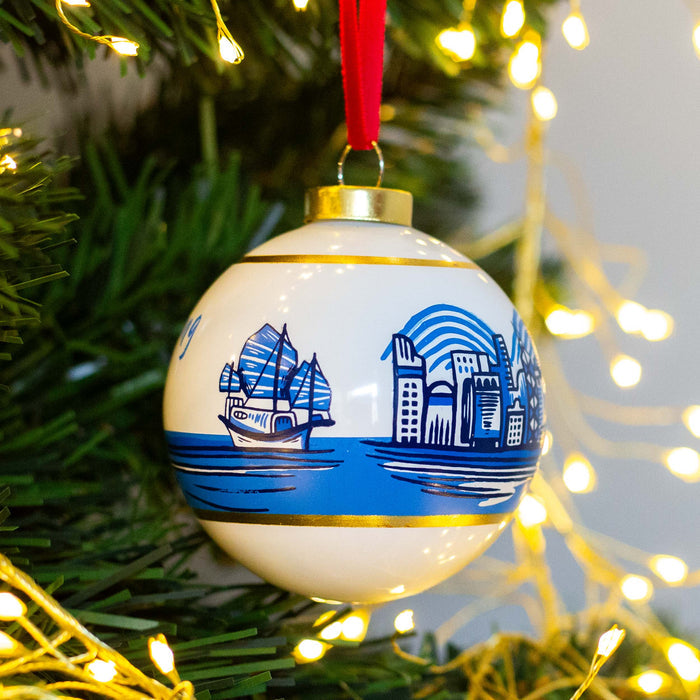 Hanging Decoration -Hong Kong Skyline 8cm Glass Bauble by Lion Rock Press