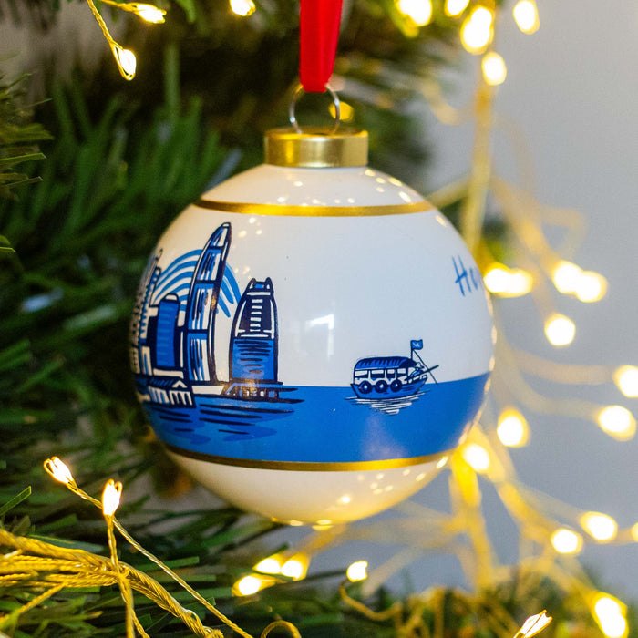 Hanging Decoration -Hong Kong Skyline 8cm Glass Bauble by Lion Rock Press