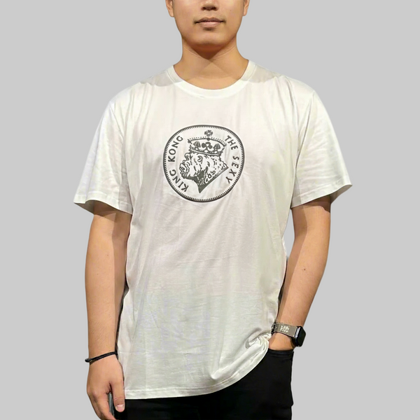 Person wearing a white t-shirt with a logo on a white background