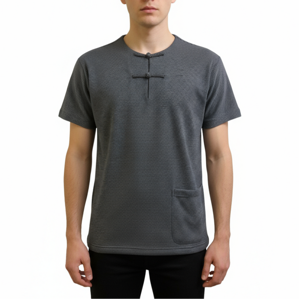 Knot Button Pocket Henley, Grey Thin Stripe