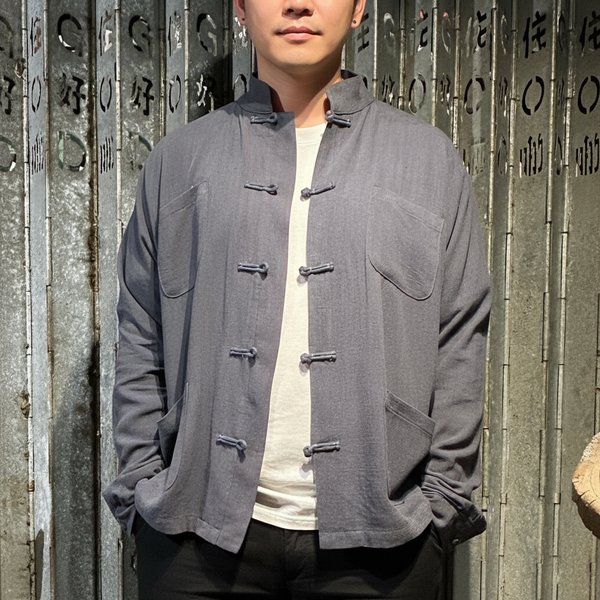 Knot Button Slub Shirt Jacket, Greyish Blue