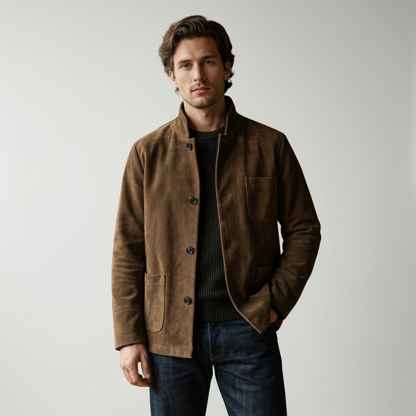 Micro Suede Blazer Chinese Jacket, Dark Brown