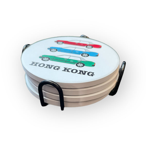 HK Transport Ceramic Coaster Set of 4 with Metal Holder by Liz Fry Design