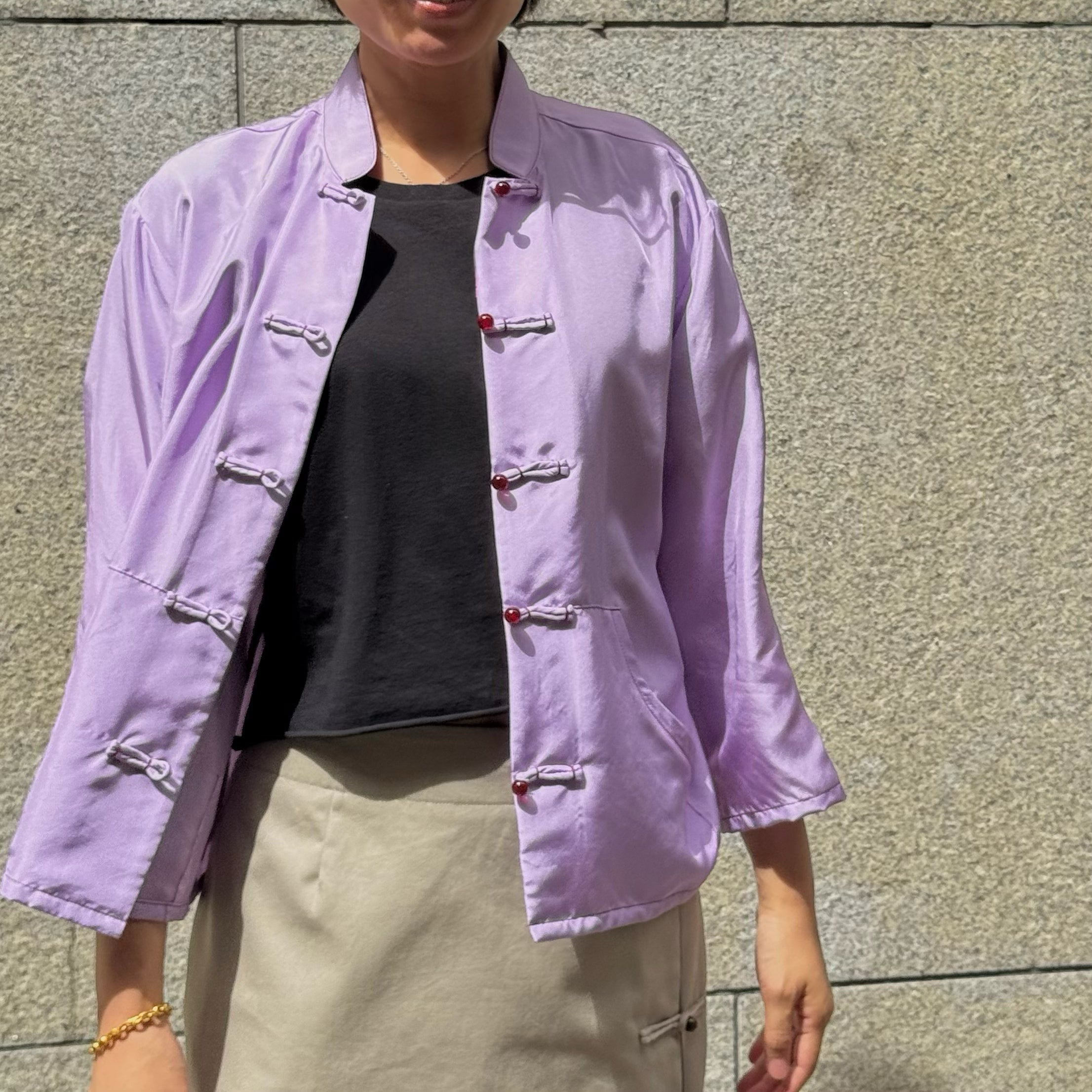 Silk Cropped Knot Button Jacket, Purple