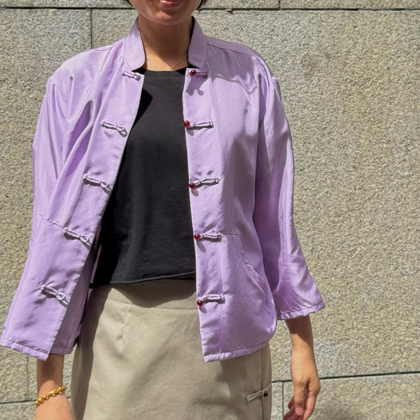 Silk Cropped Knot Button Jacket, Purple
