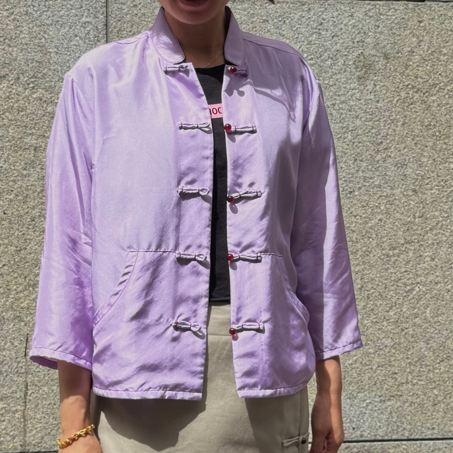Silk Cropped Knot Button Jacket, Purple