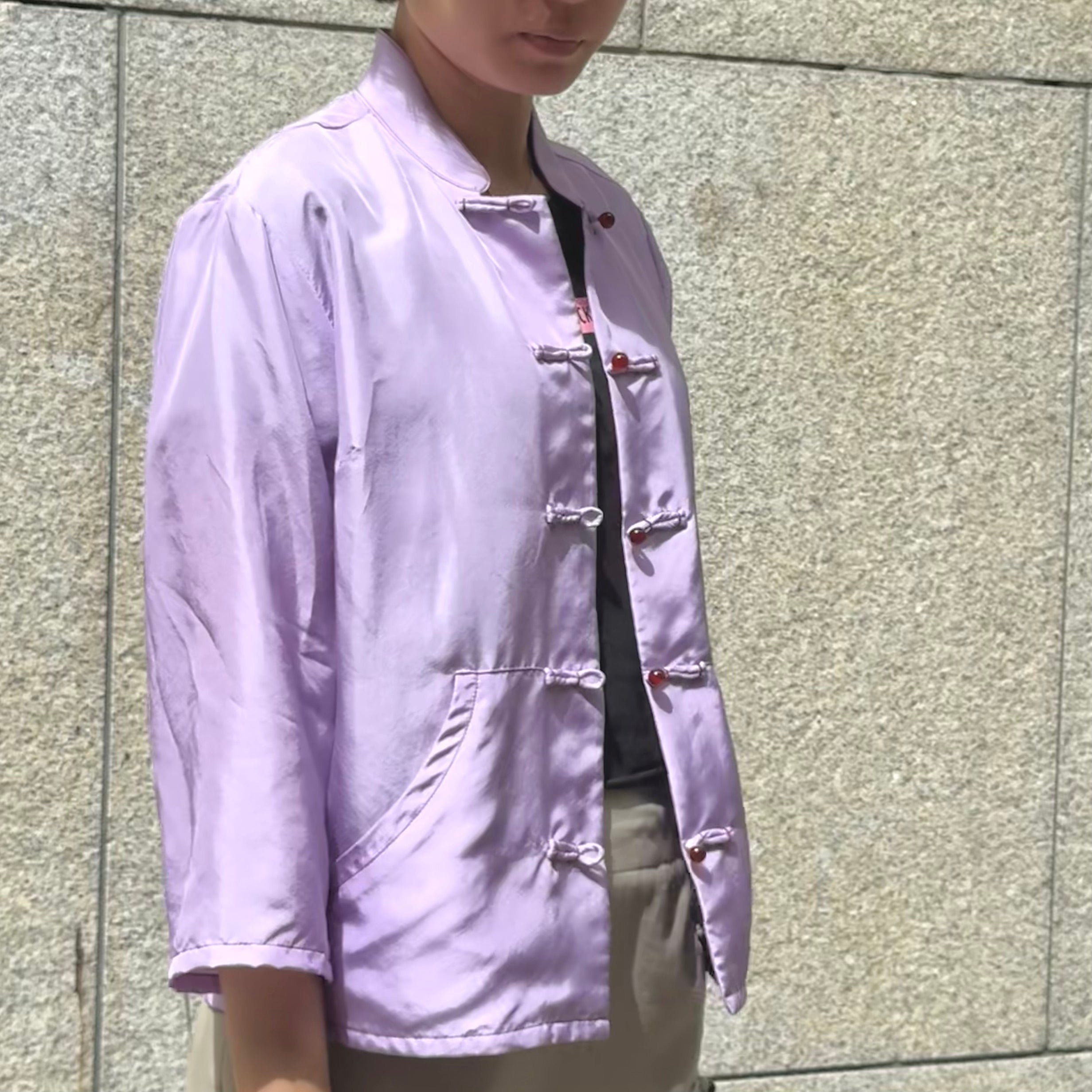 Silk Cropped Knot Button Jacket, Purple