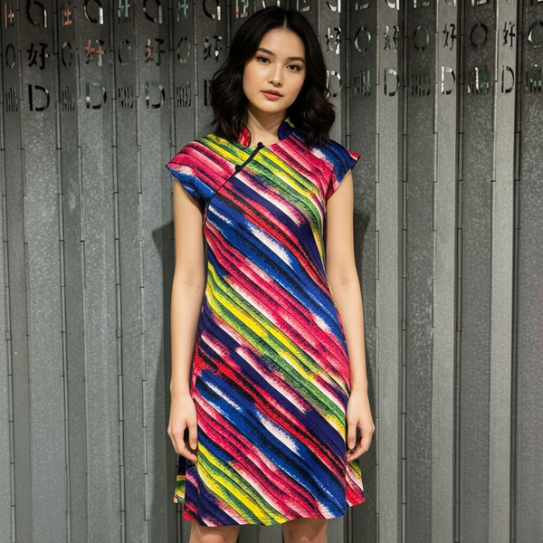 Rainbow Brushstrokes Print Qipao Dress