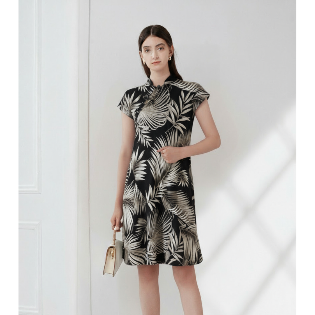 Black Ecru Leaves Qipao Dress