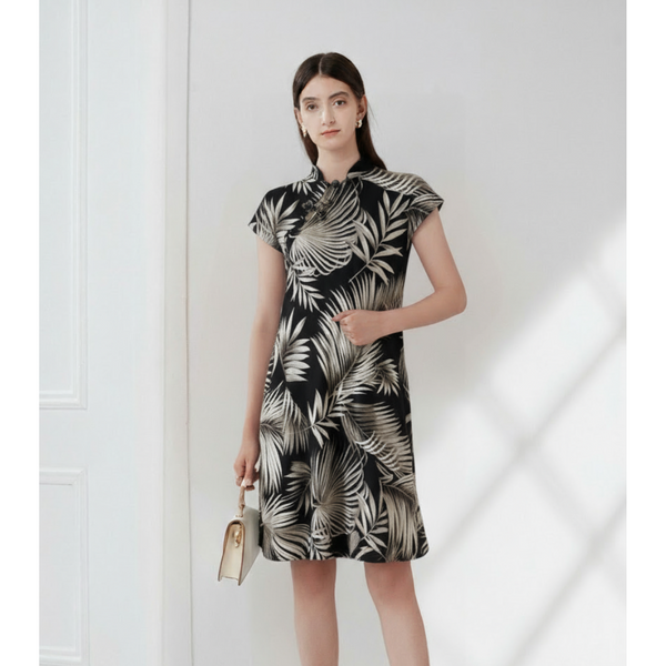 Black Ecru Leaves Qipao Dress